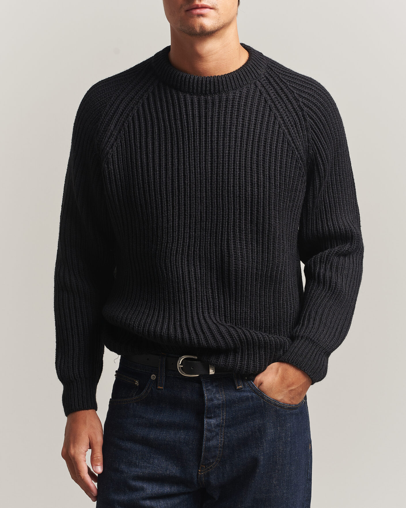 Mies | Puserot | Gloverall | Fisherman Rib Chunky Wool Crew Neck Black