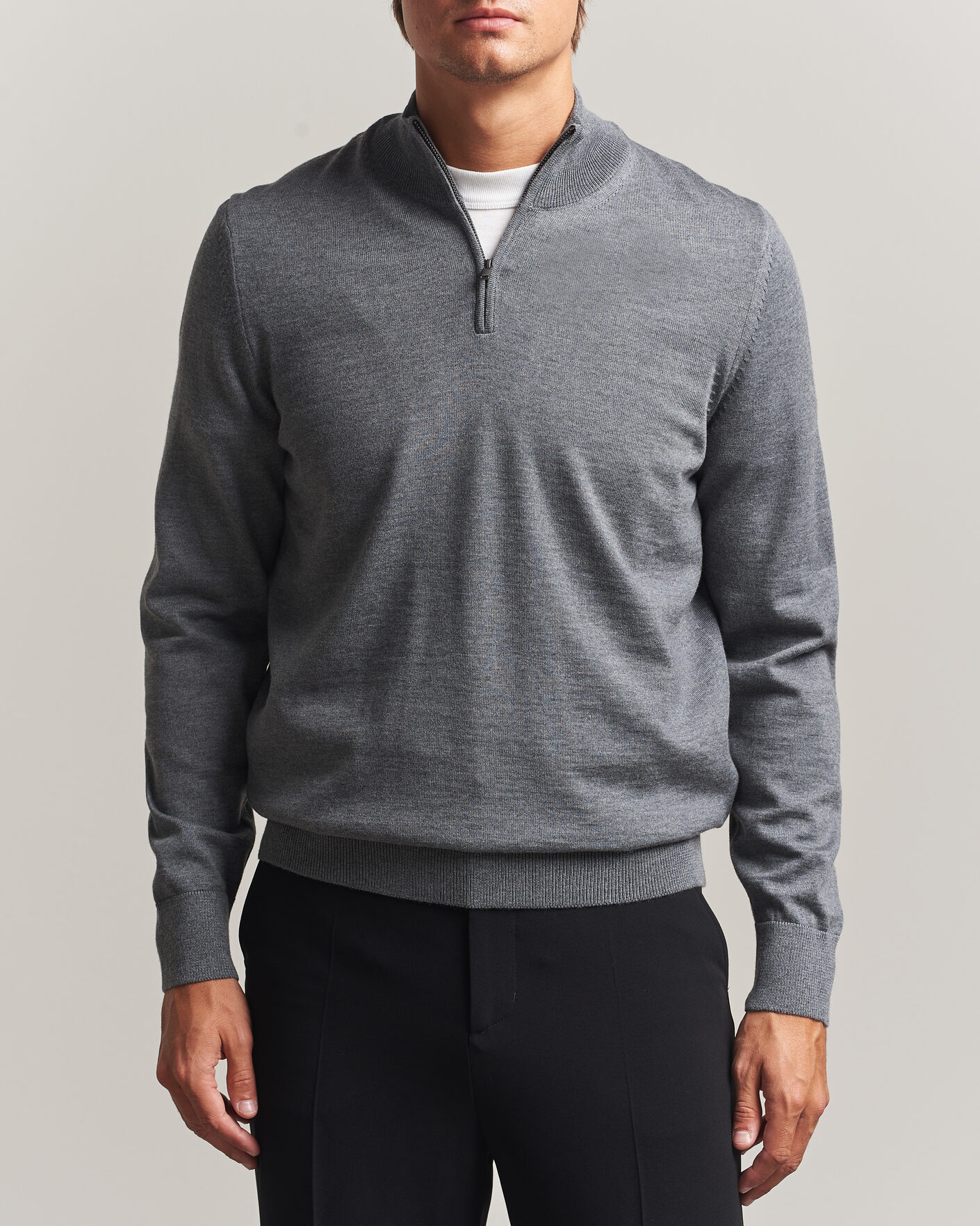 Mies | Puserot | BOSS BLACK | Ebenji Merino Knitted Half Zip Medium Grey