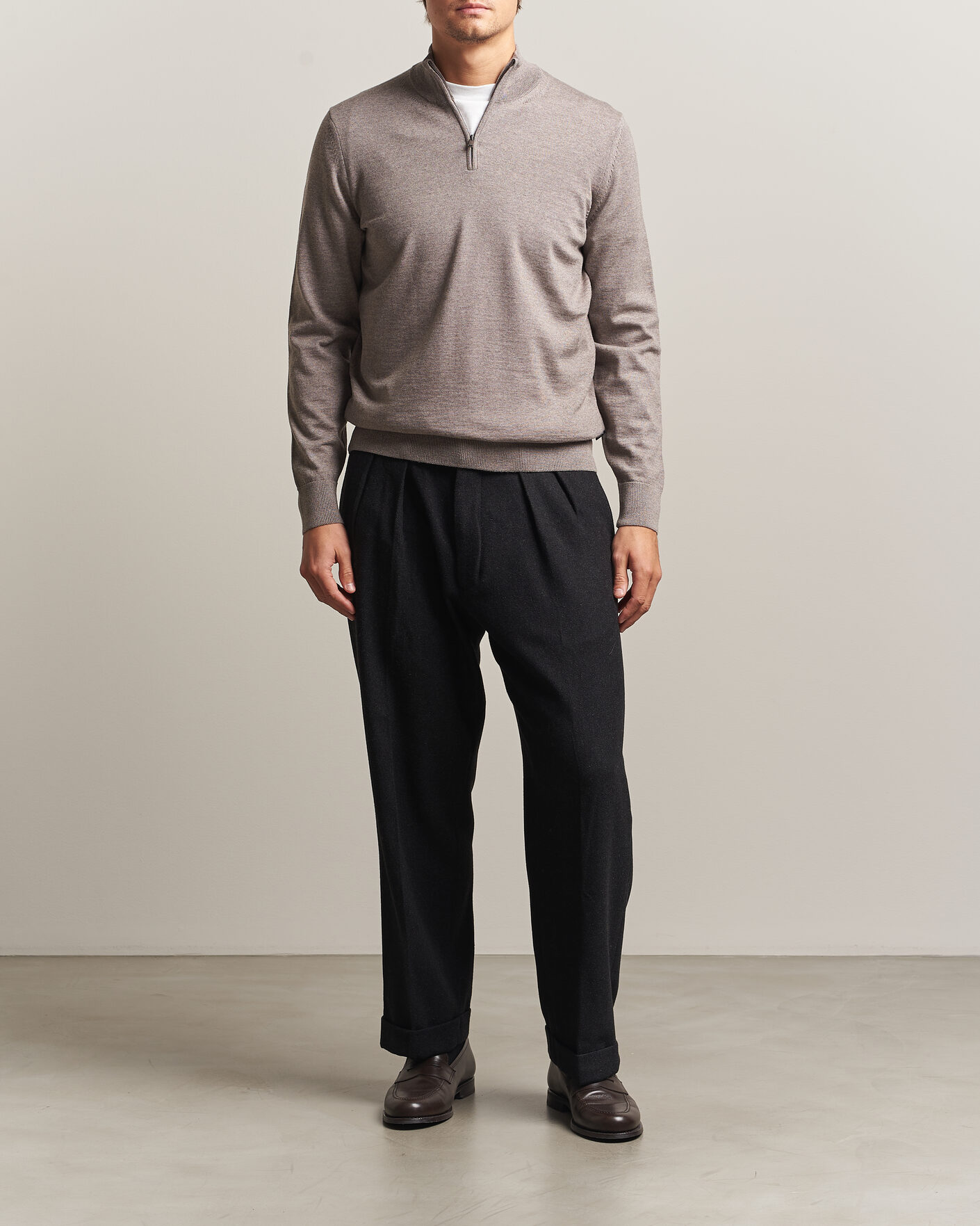 Mies | Puserot | BOSS BLACK | Ebenji Merino Knitted Half Zip Open Brown