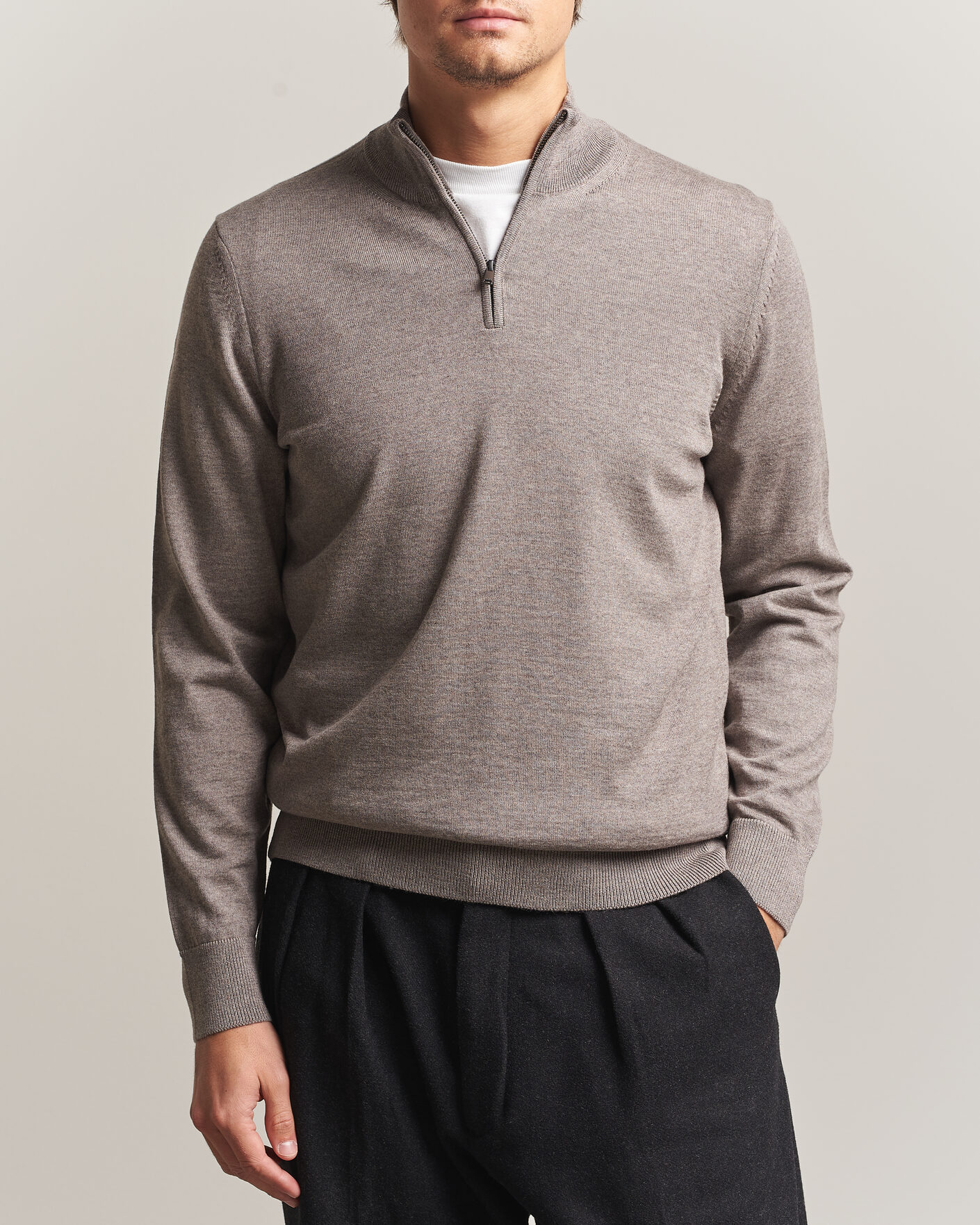 Mies | Puserot | BOSS BLACK | Ebenji Merino Knitted Half Zip Open Brown