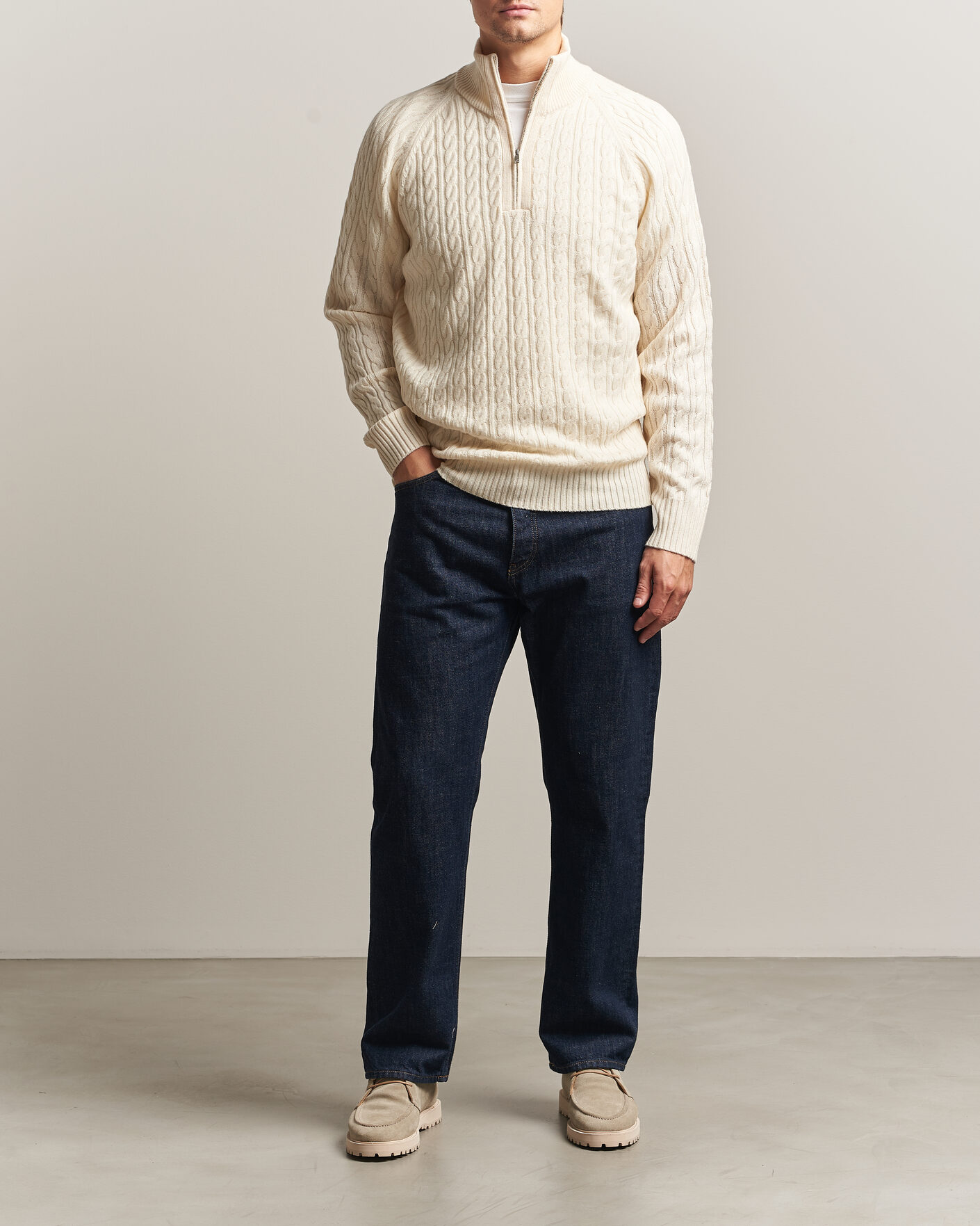 Mies | Puserot | BOSS BLACK | Furore Wool/Cashmere Cable Half Zip Open White