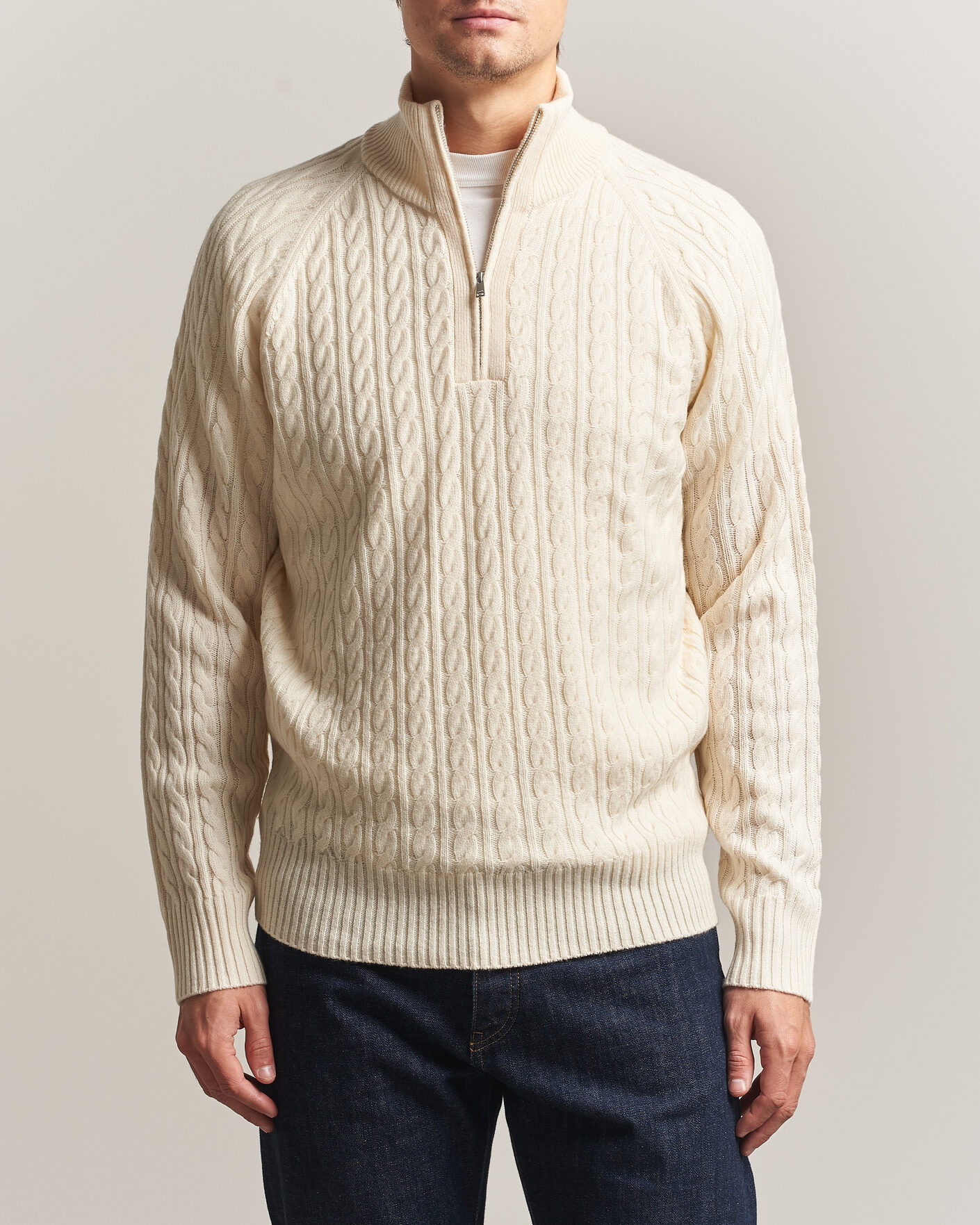 Mies | Puserot | BOSS BLACK | Furore Wool/Cashmere Cable Half Zip Open White
