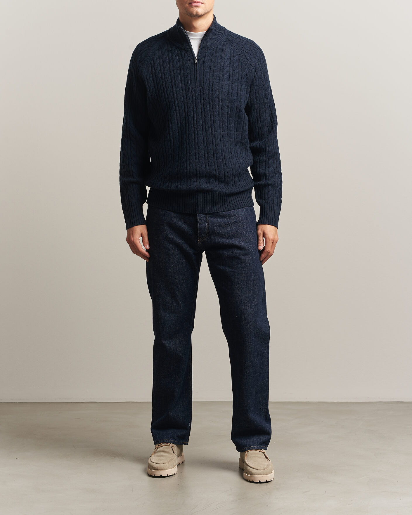 Mies | Puserot | BOSS BLACK | Furore Wool/Cashmere Cable Half Zip Dark Blue