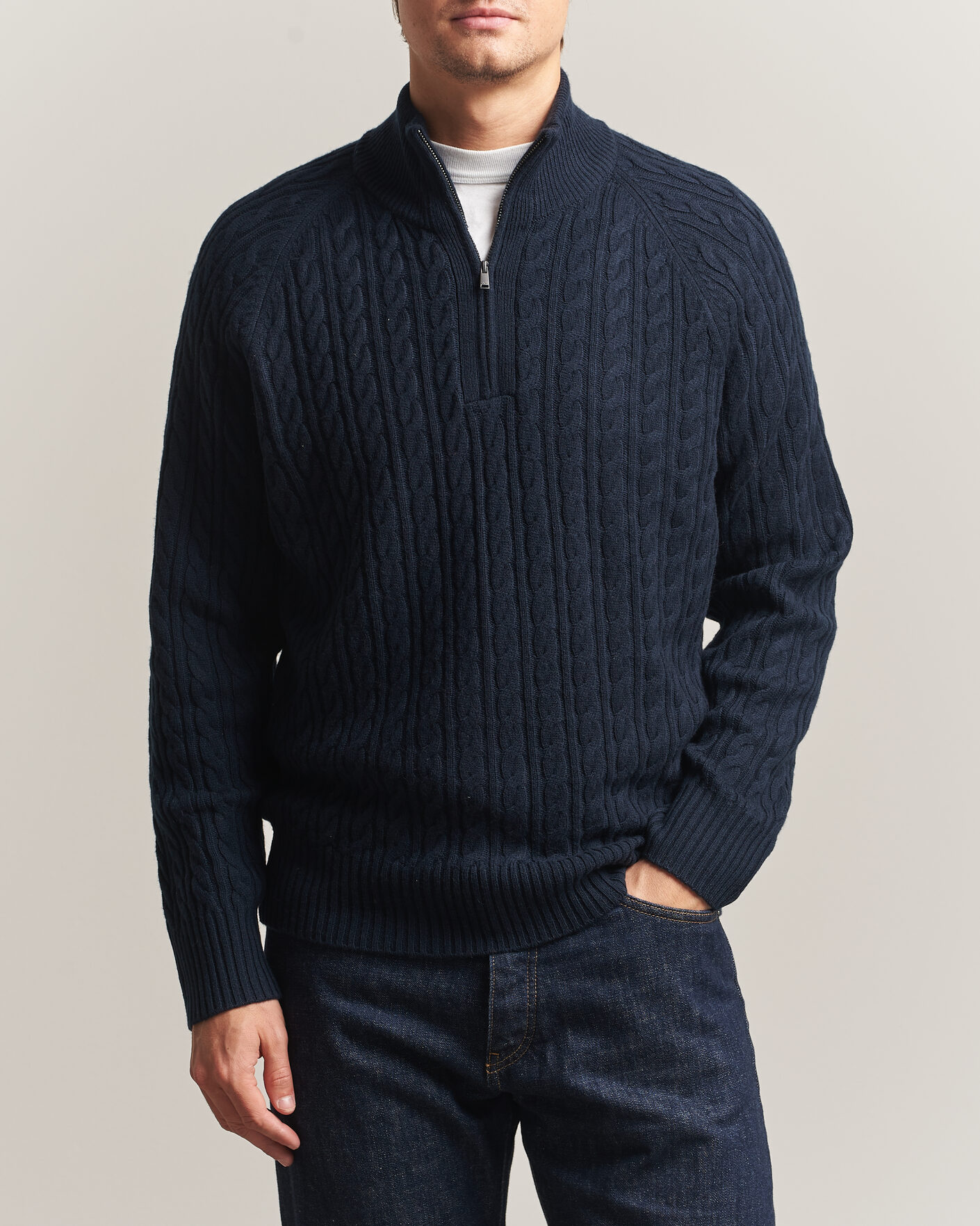 Mies | Puserot | BOSS BLACK | Furore Wool/Cashmere Cable Half Zip Dark Blue
