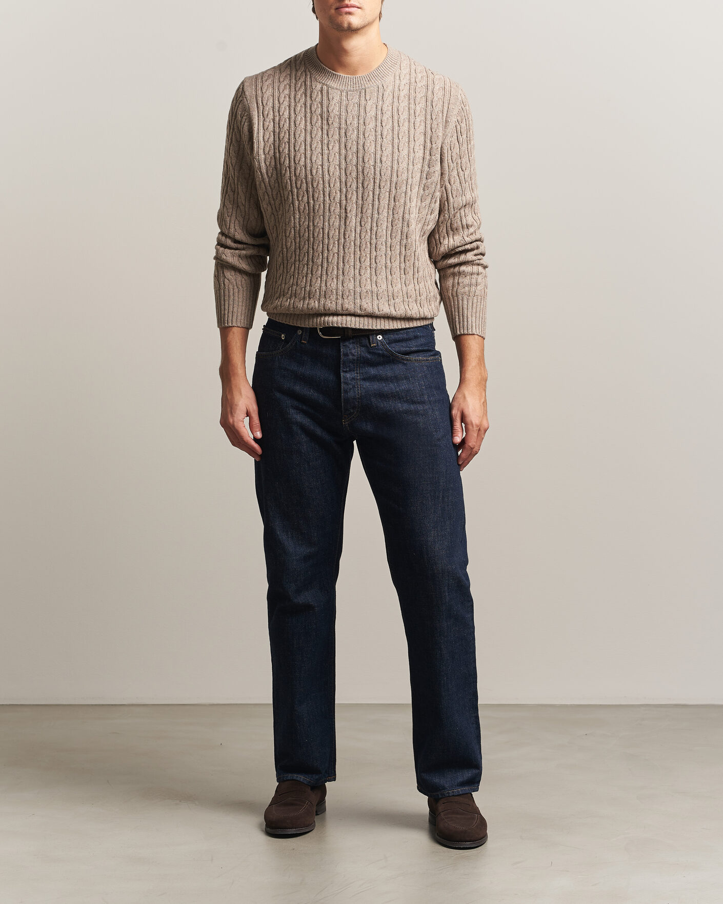 Mies | Puserot | BOSS BLACK | Furlan Wool/Cashmere Cable Crew Neck Open Brown