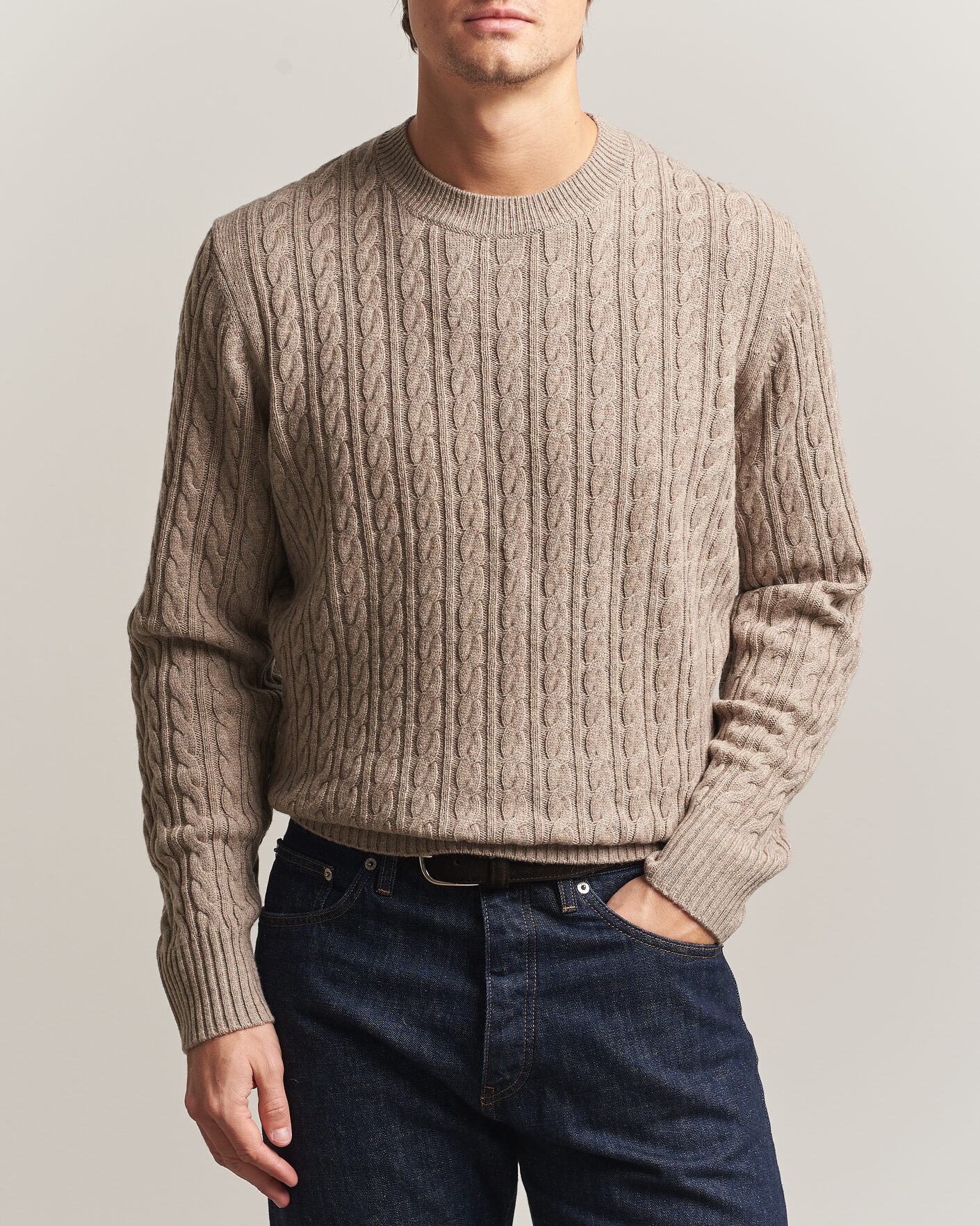 Mies | Puserot | BOSS BLACK | Furlan Wool/Cashmere Cable Crew Neck Open Brown