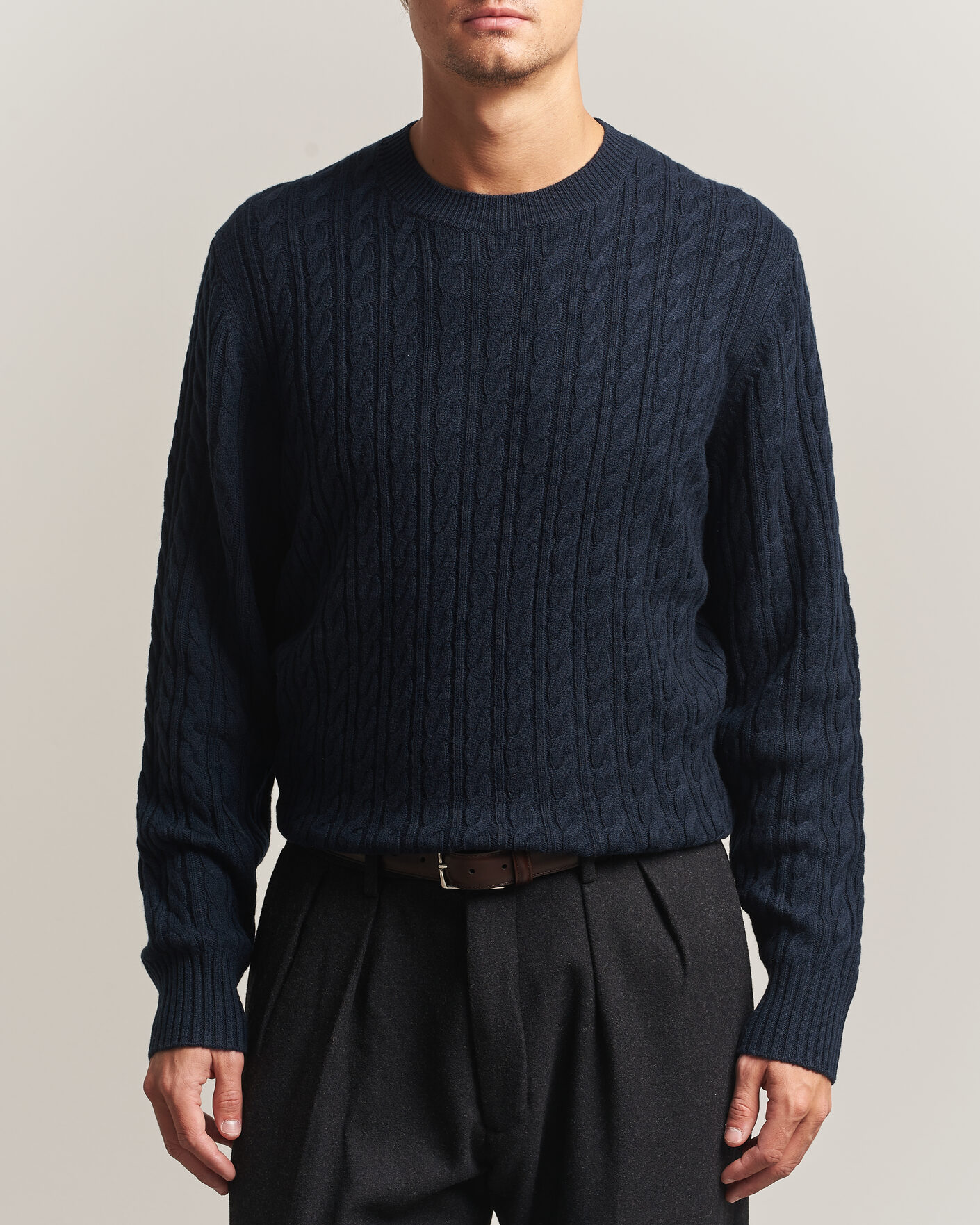 Mies | Puserot | BOSS BLACK | Furlan Wool/Cashmere Cable Crew Neck Dark Blue