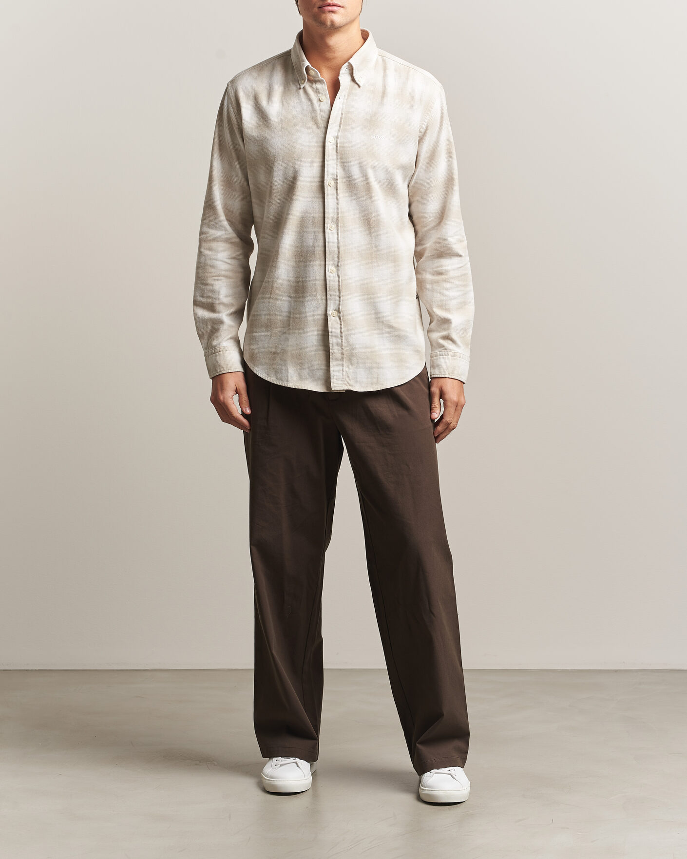 Mies | Kauluspaidat | BOSS ORANGE | Rickert Brushed Cotton Checked Shirt Light Beige