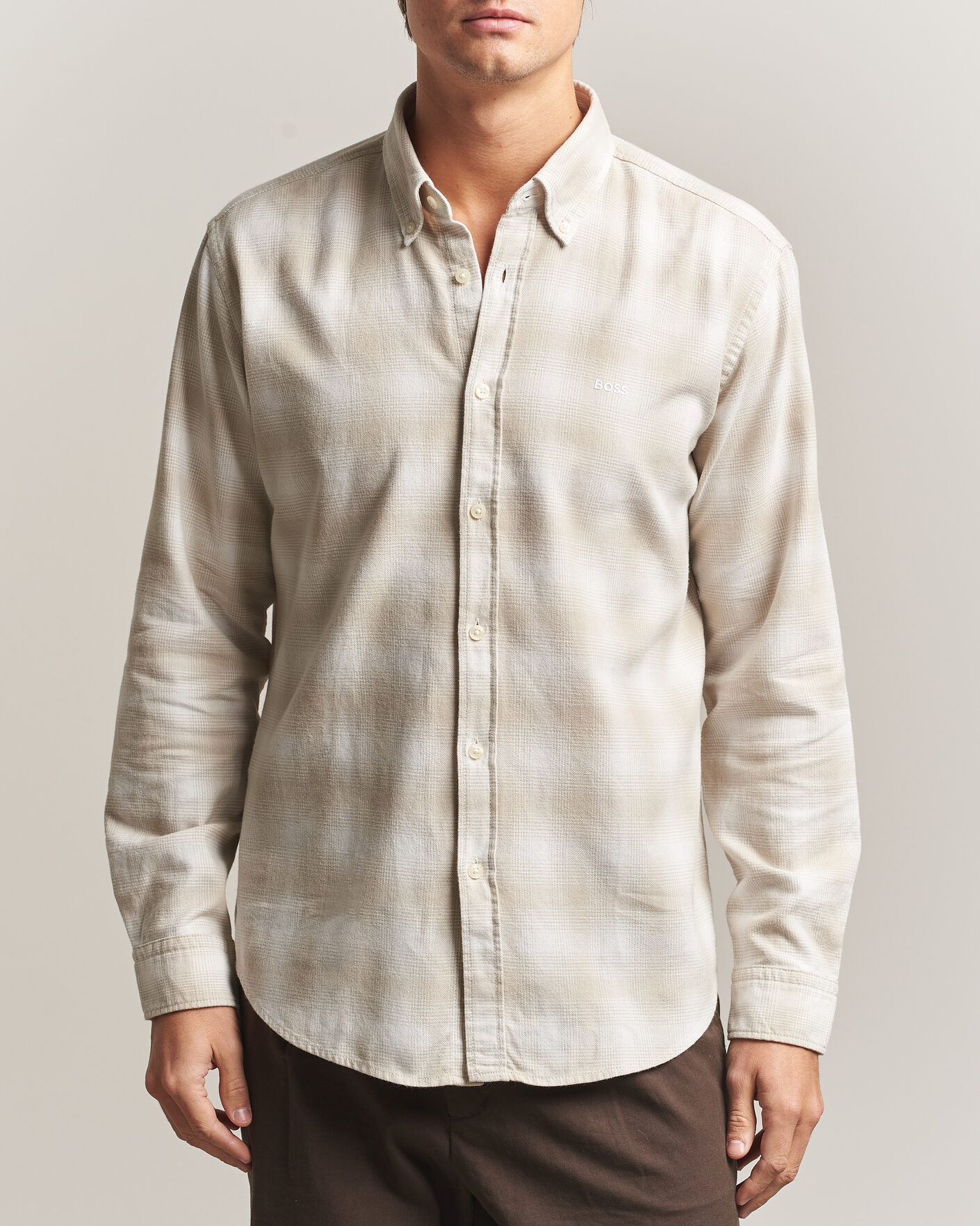 Mies | Kauluspaidat | BOSS ORANGE | Rickert Brushed Cotton Checked Shirt Light Beige