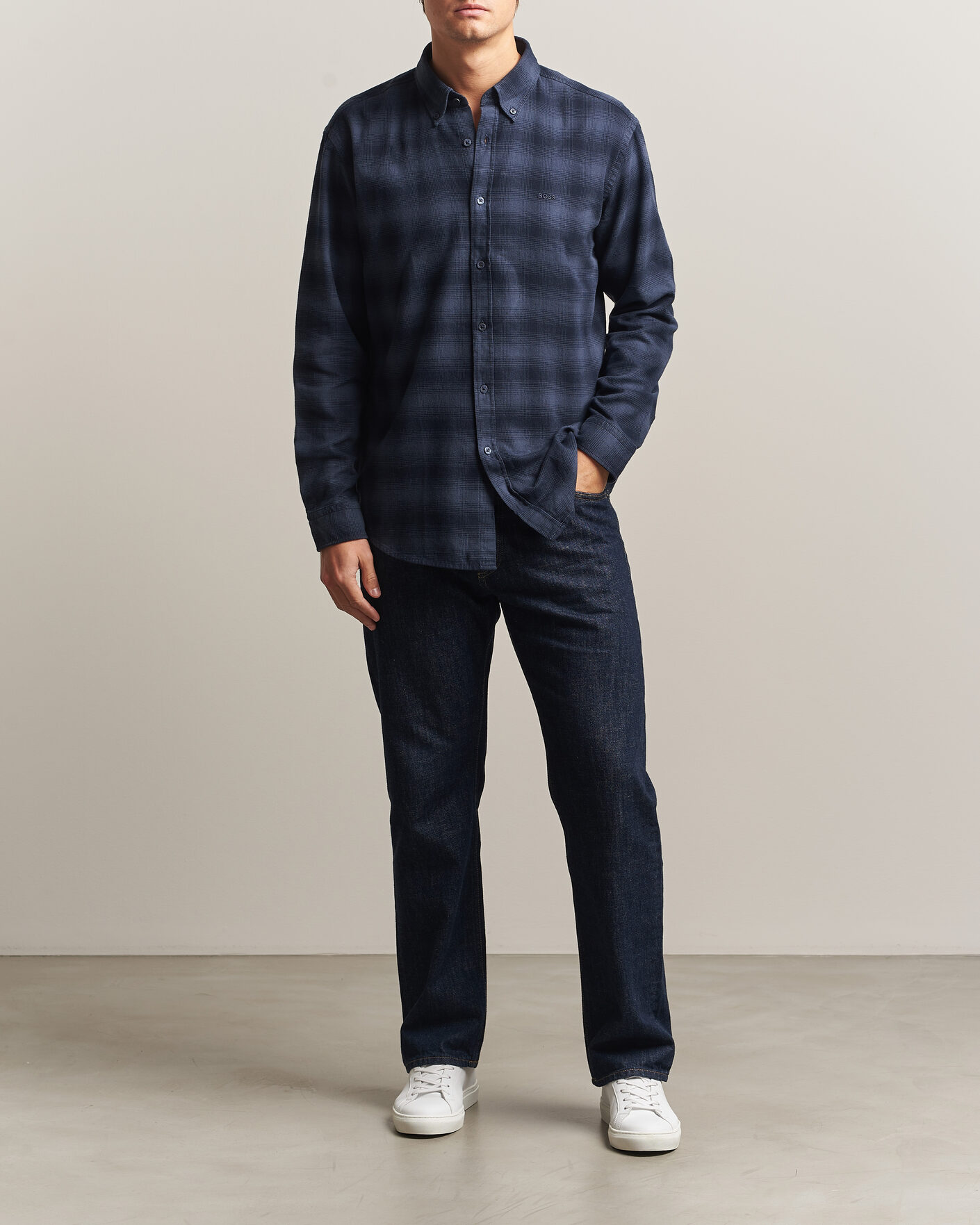 Mies | Kauluspaidat | BOSS ORANGE | Rickert Brushed Cotton Checked Shirt Dark Blue