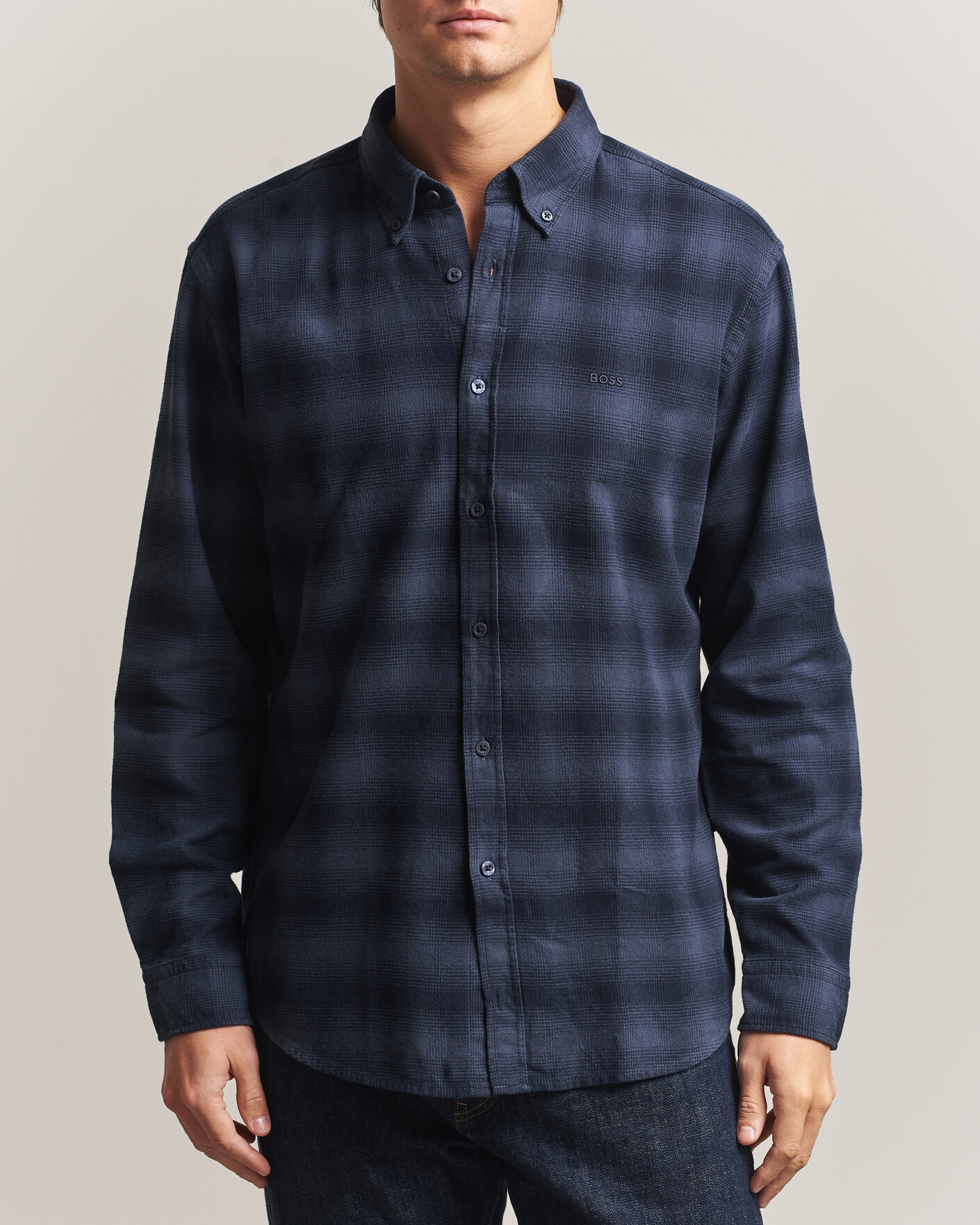 Mies | Kauluspaidat | BOSS ORANGE | Rickert Brushed Cotton Checked Shirt Dark Blue