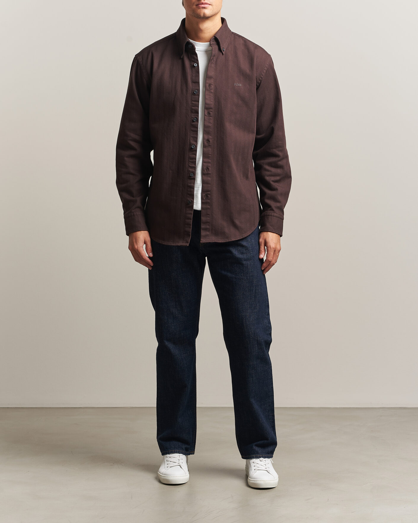 Mies | Kauluspaidat | BOSS ORANGE | Ricopuls Brushed Herringbone Shirt Dark Brown