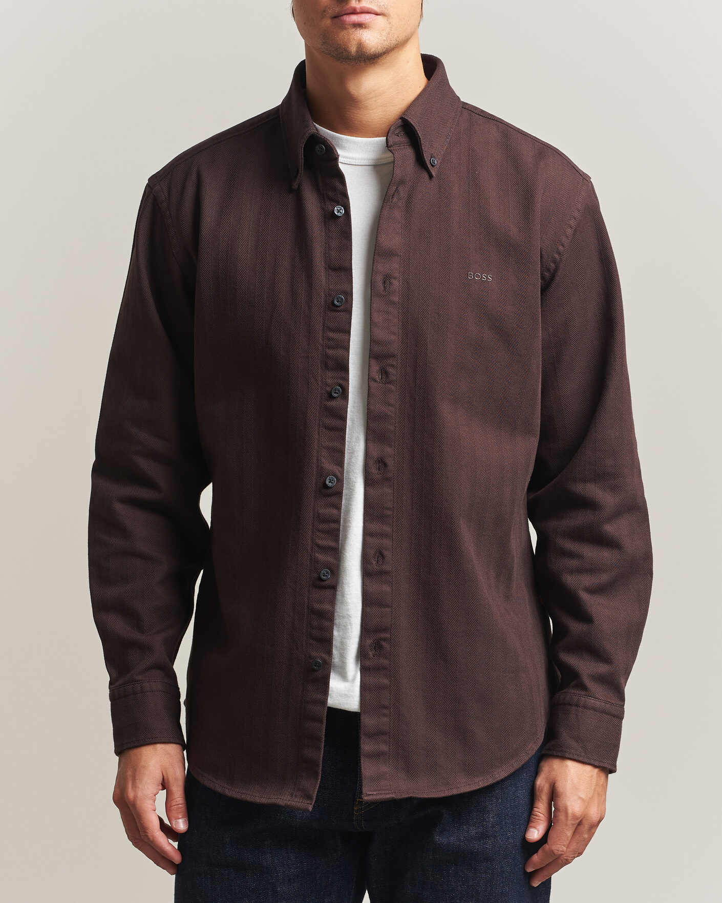 Mies | Kauluspaidat | BOSS ORANGE | Ricopuls Brushed Herringbone Shirt Dark Brown