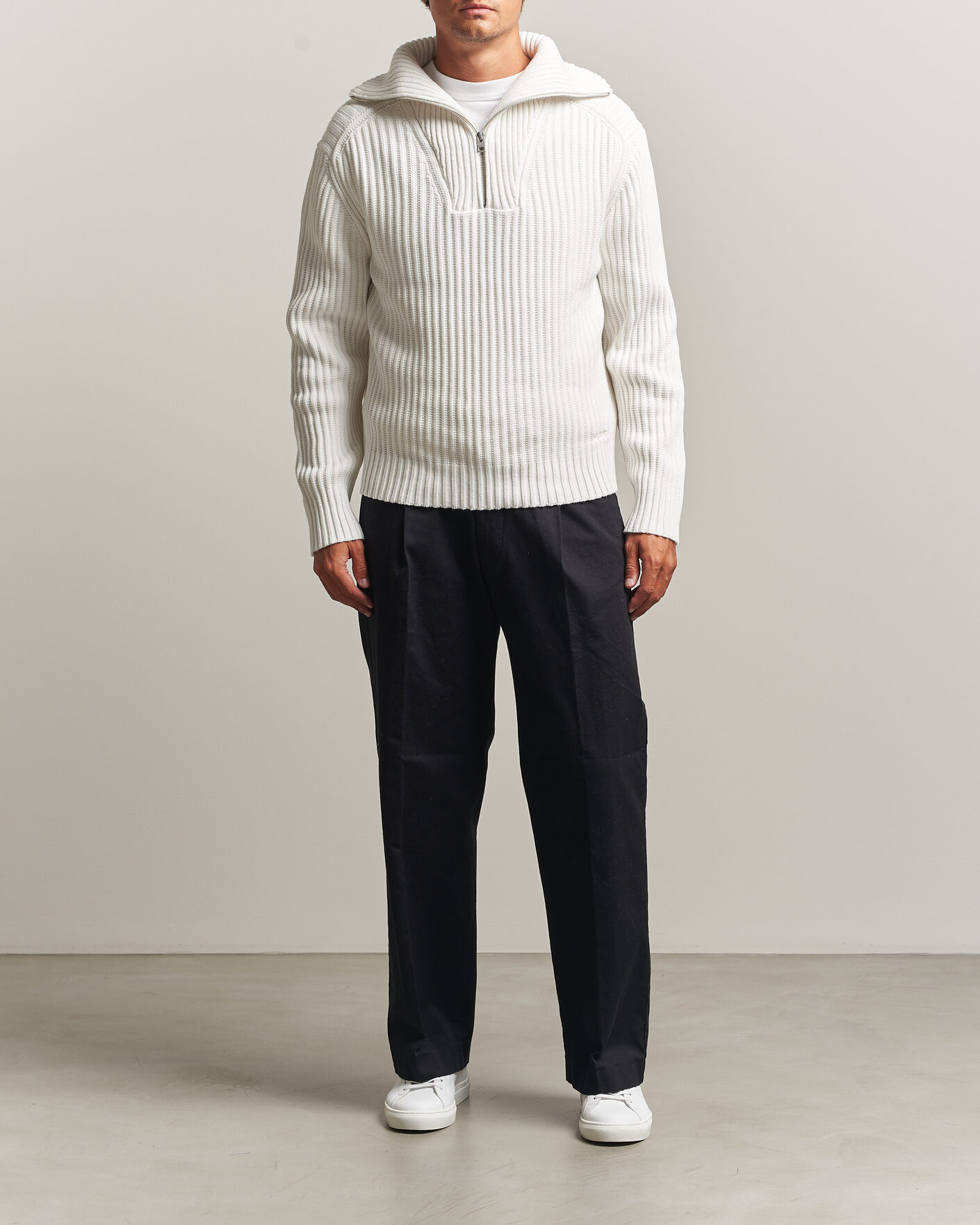 Mies | Puserot | HUGO | Srtithon Cotton Knitted Half Zip Natural