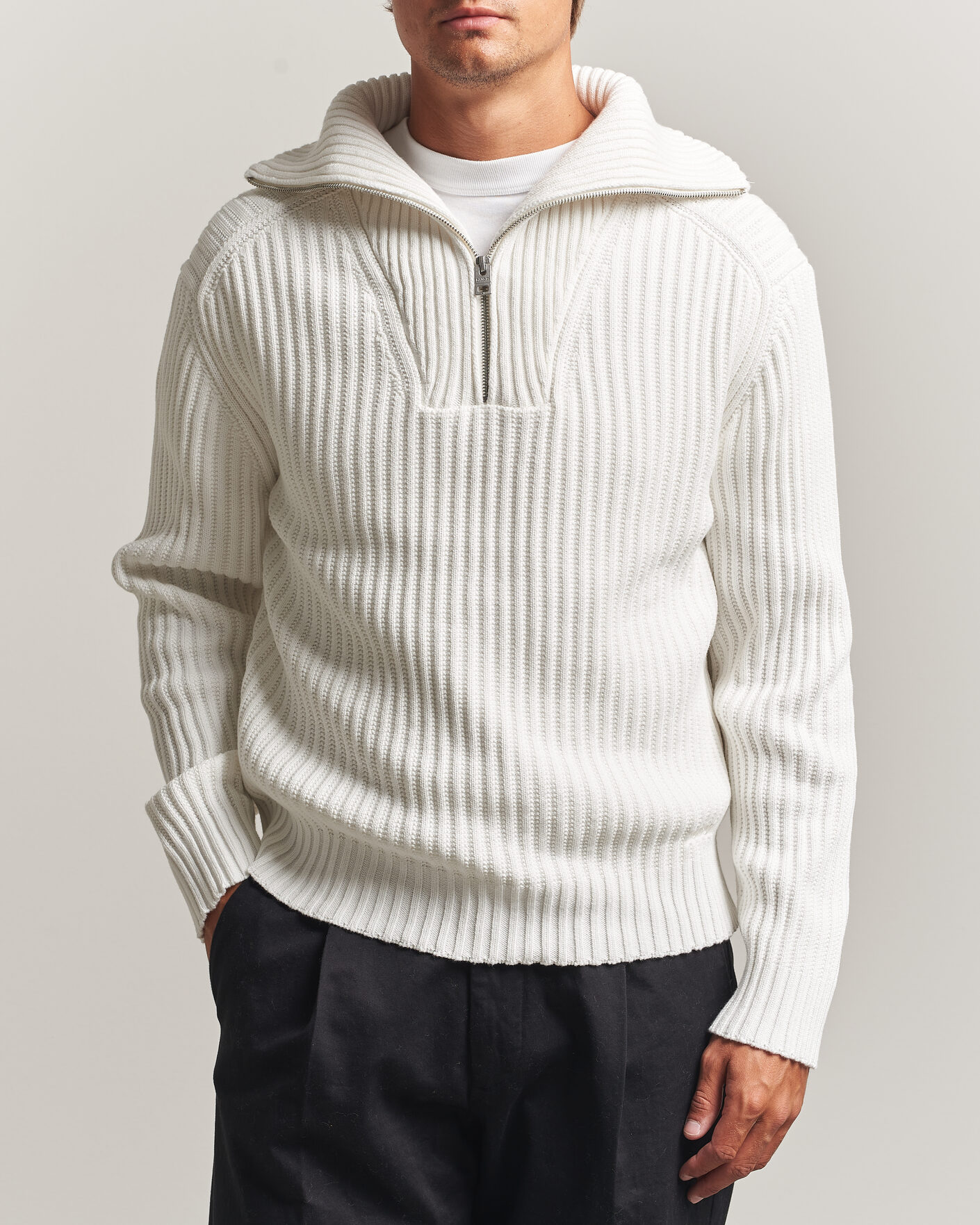 Mies | Puserot | HUGO | Srtithon Cotton Knitted Half Zip Natural