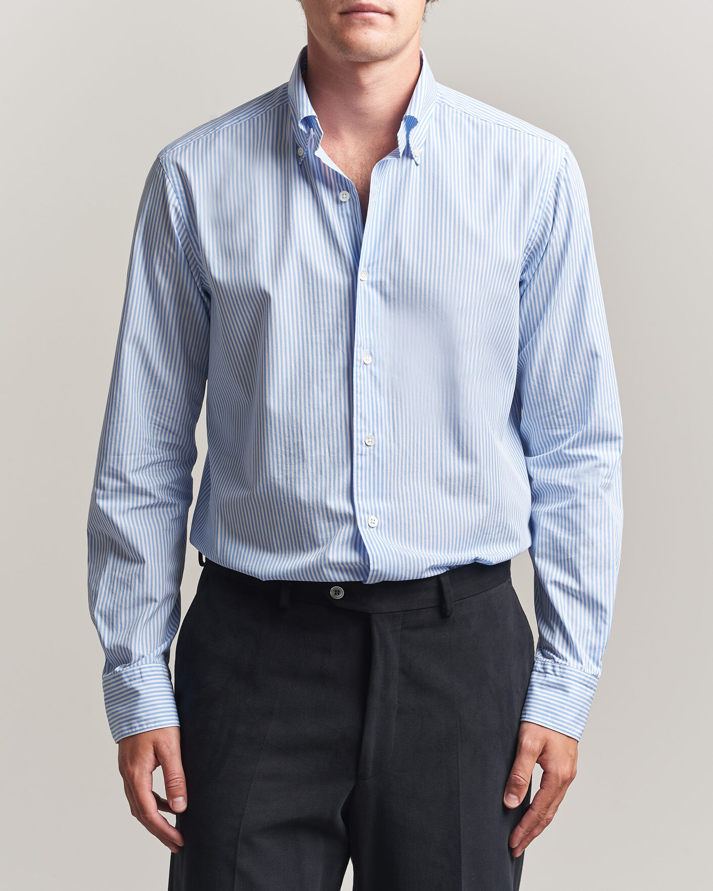 Mies | Kauluspaidat | Grigio | Popeline Button Down Shirt Light Blue Stripe