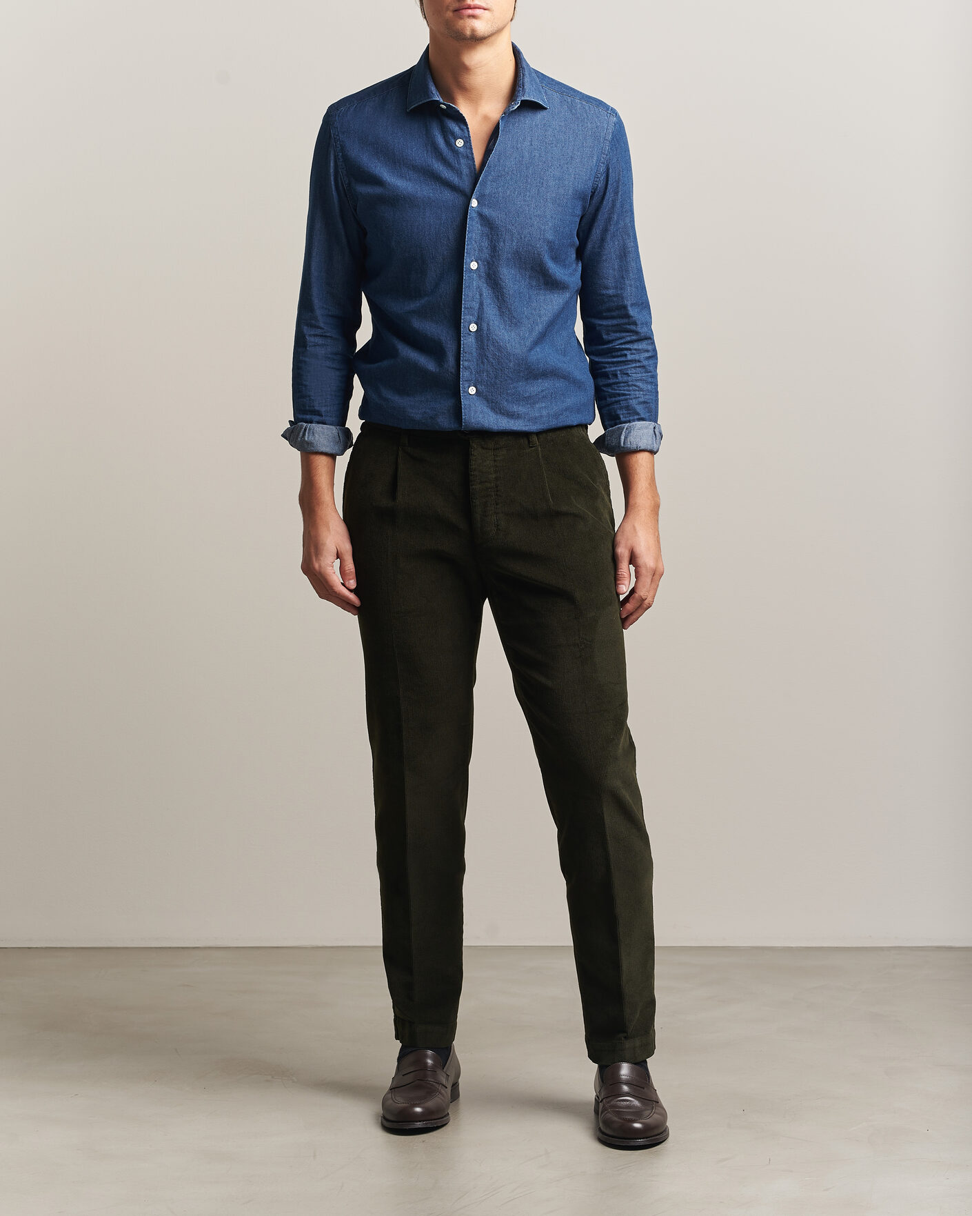 Mies | Housut | Incotex | Regular Fit Washed Corduroy Slacks Forest Green