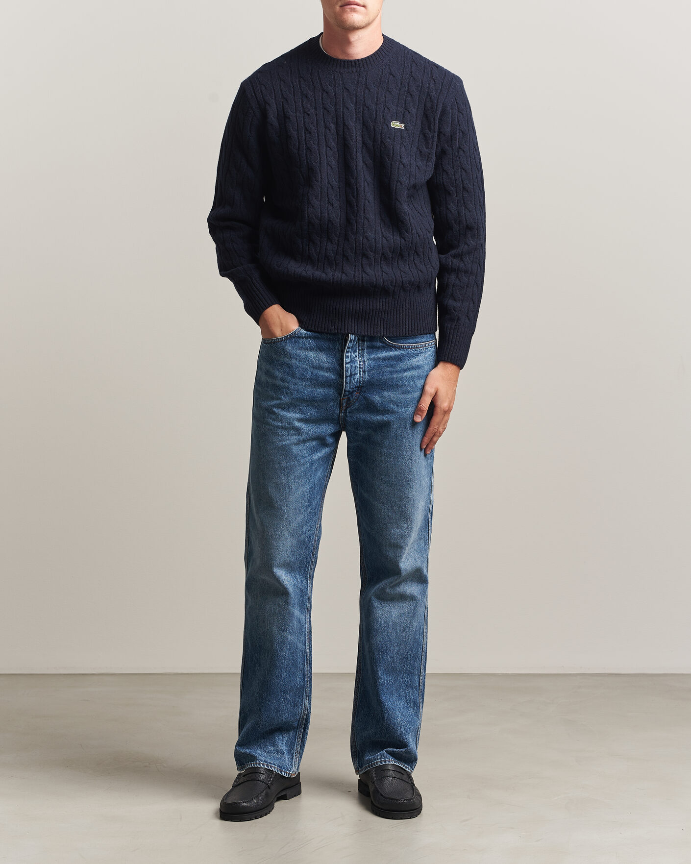 Mies | Puserot | Lacoste | Carded Wool Cable Crew Neck Navy Blue