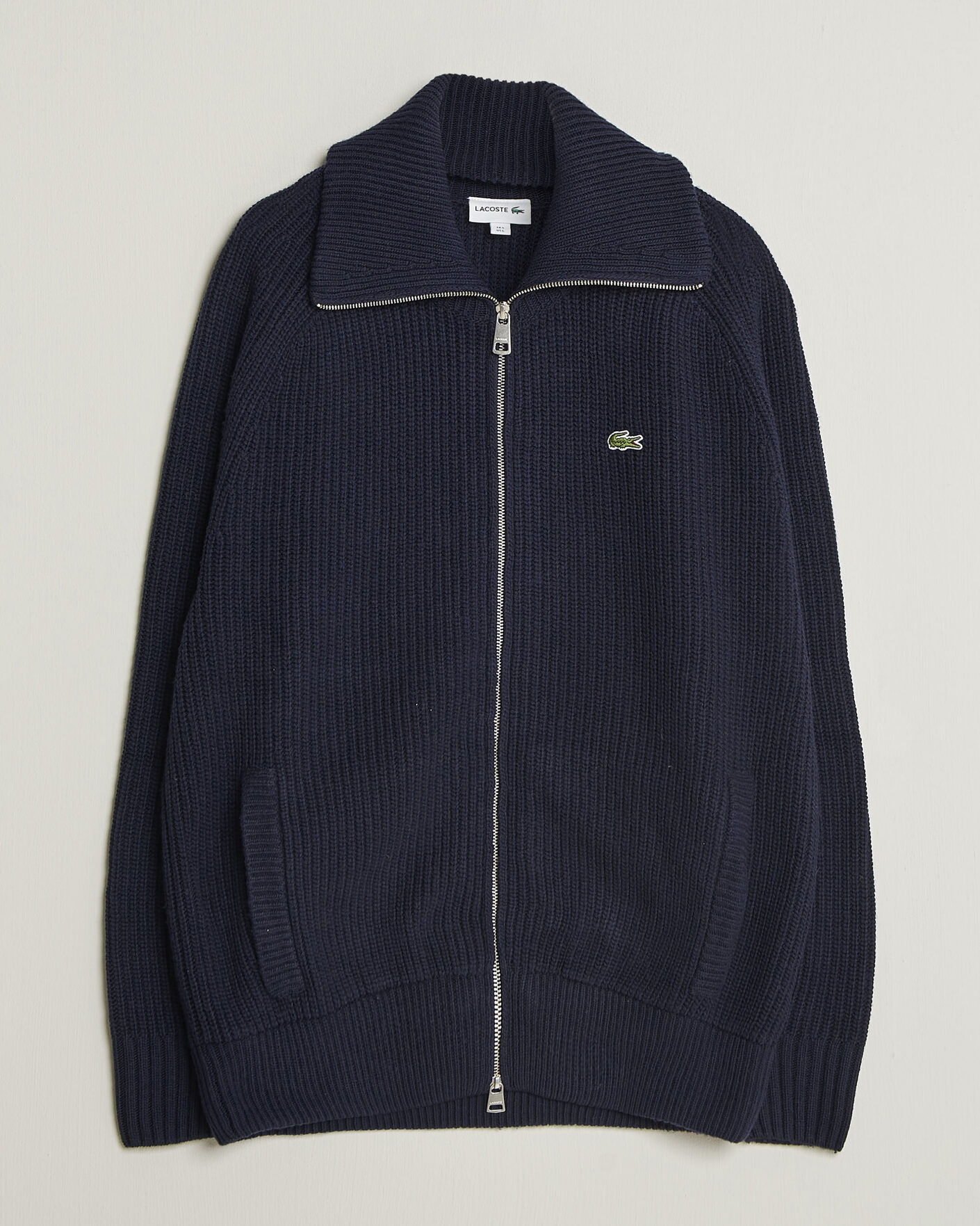 Mies | Puserot | Lacoste | Heavy Wool Knitted Full Zip Navy Blue