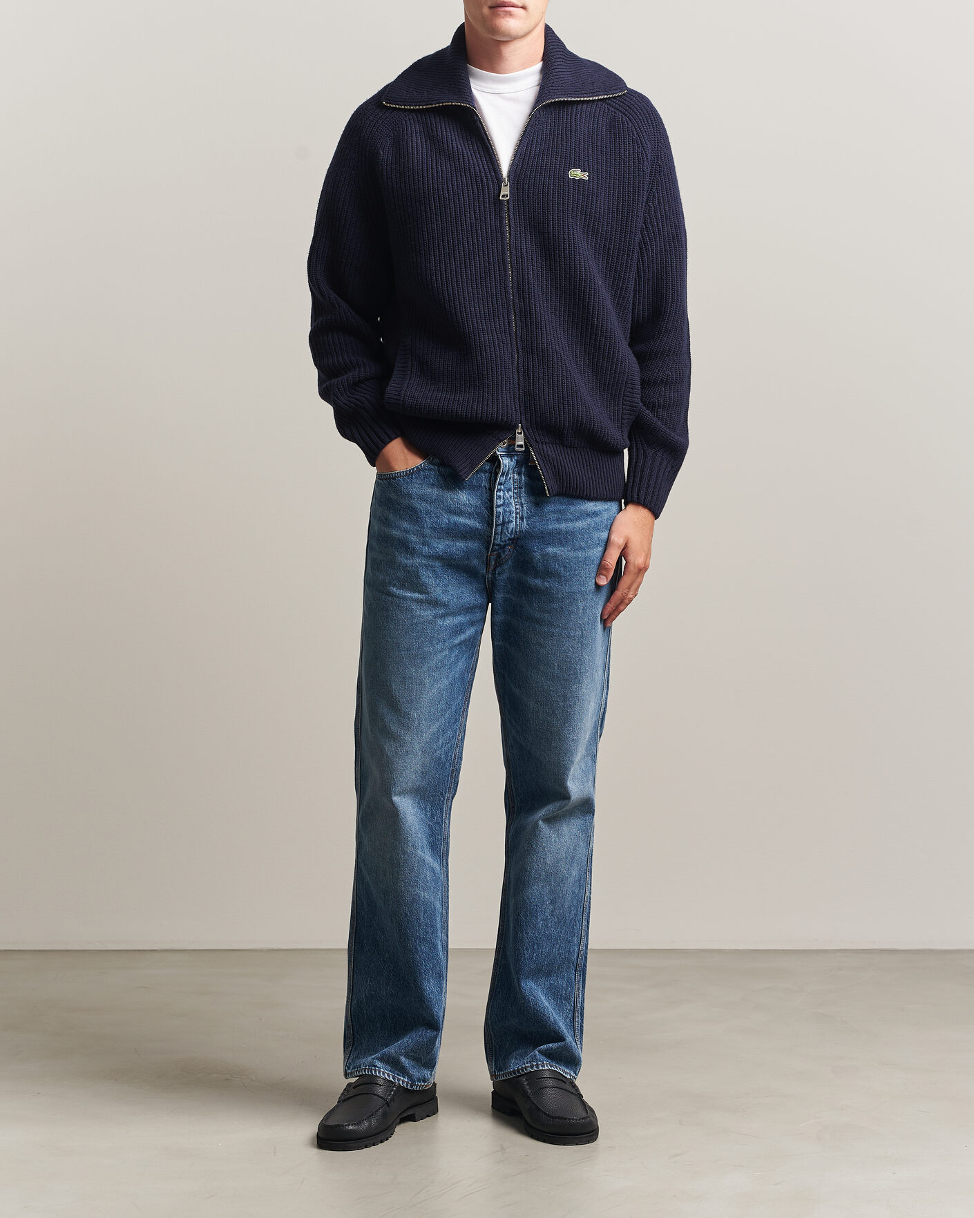 Mies | Puserot | Lacoste | Heavy Wool Knitted Full Zip Navy Blue