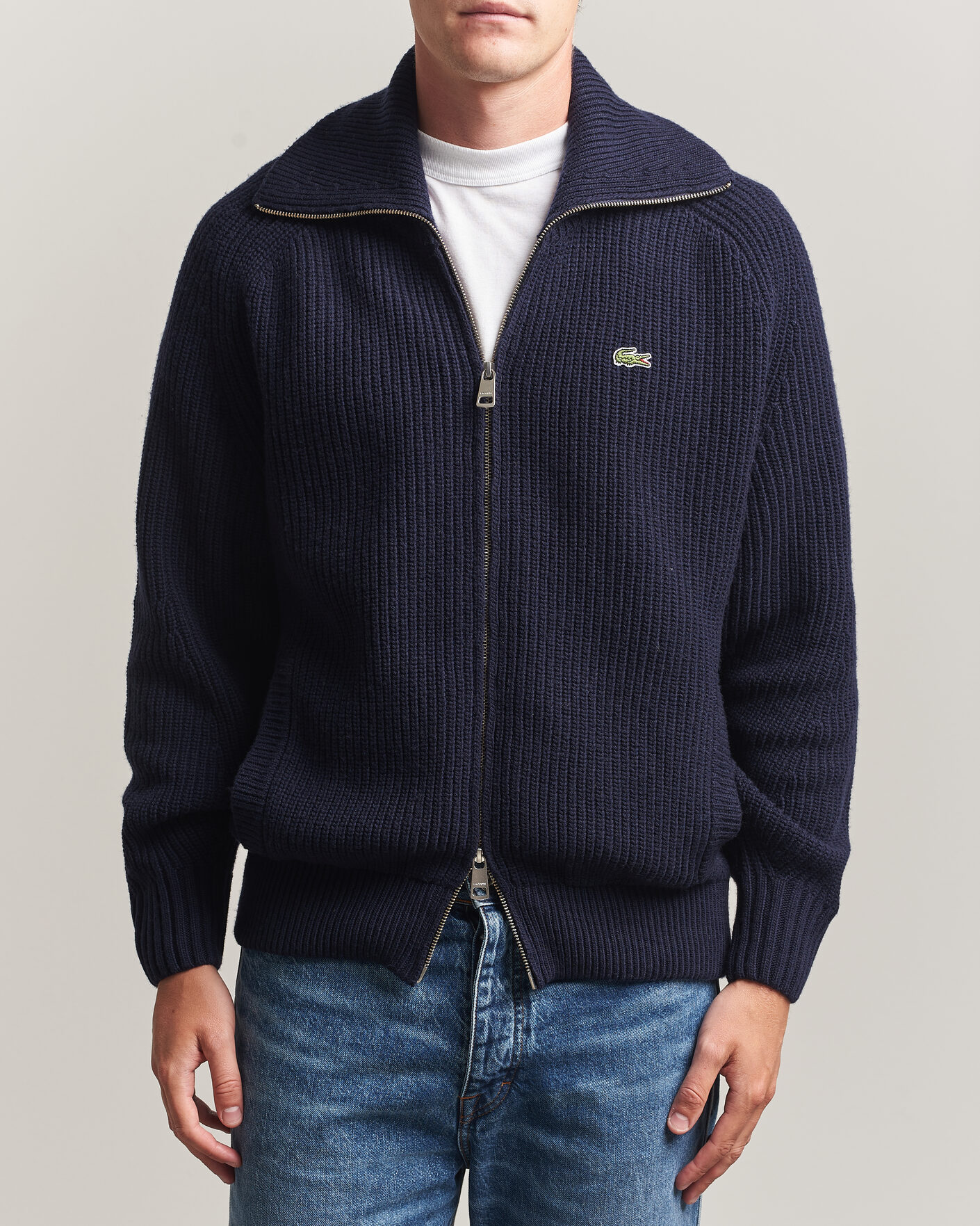 Mies | Puserot | Lacoste | Heavy Wool Knitted Full Zip Navy Blue