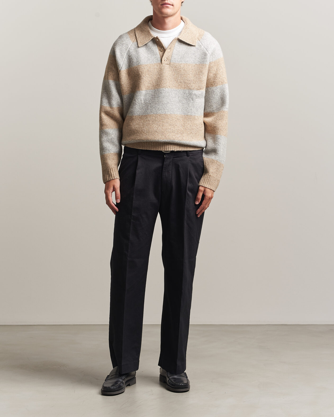 Mies | Puserot | LES DEUX | Striped Melange Knit Polo Light Sand Melange