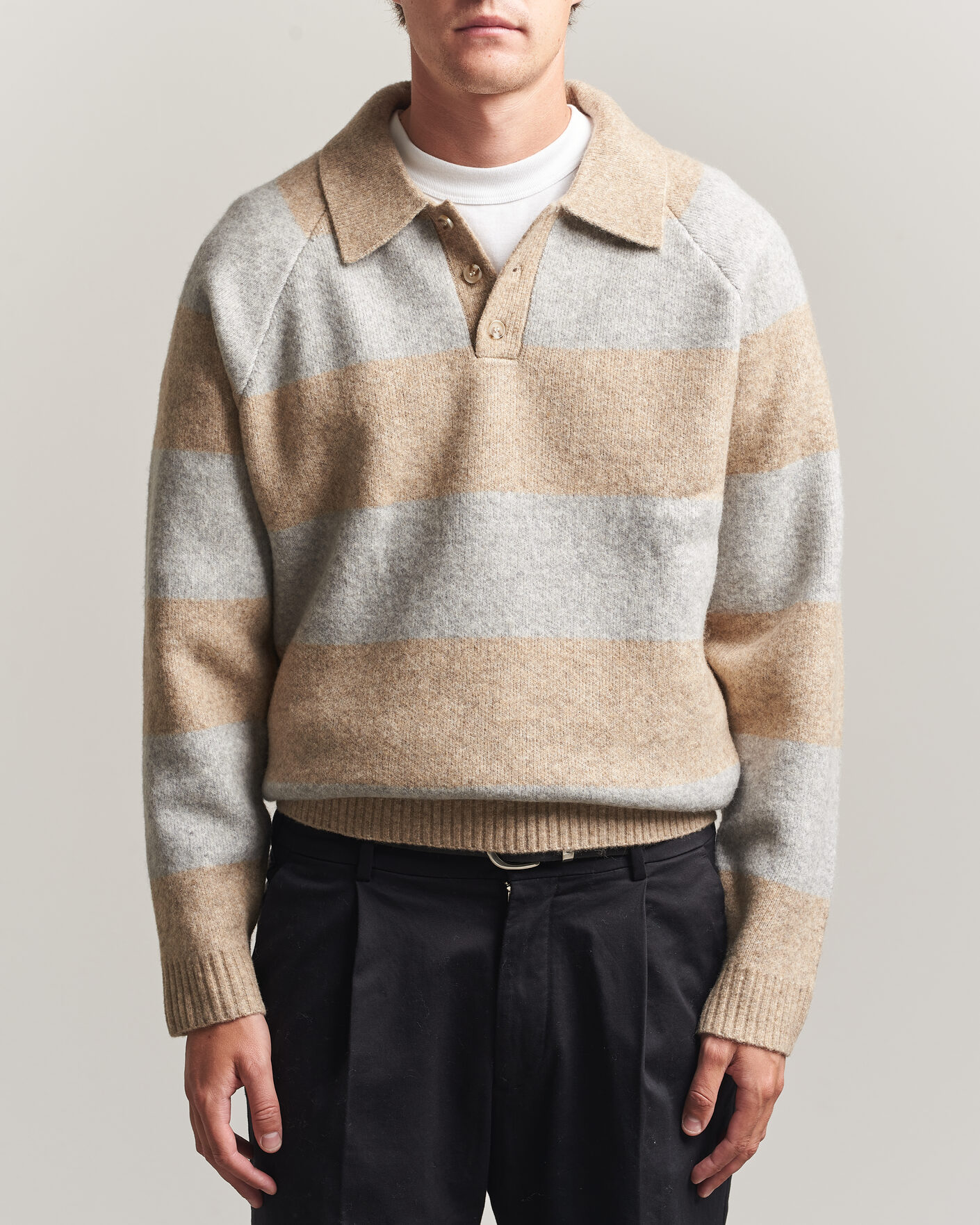 Mies | Puserot | LES DEUX | Striped Melange Knit Polo Light Sand Melange