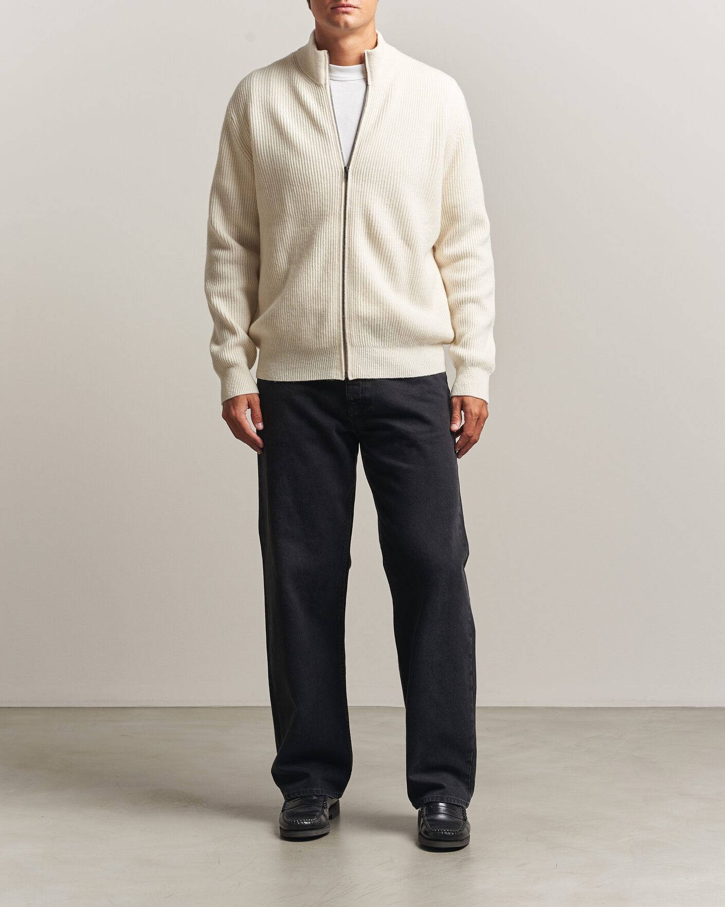 Mies | Puserot | LES DEUX | Wool Rib Zipper Knit Ivory Melange