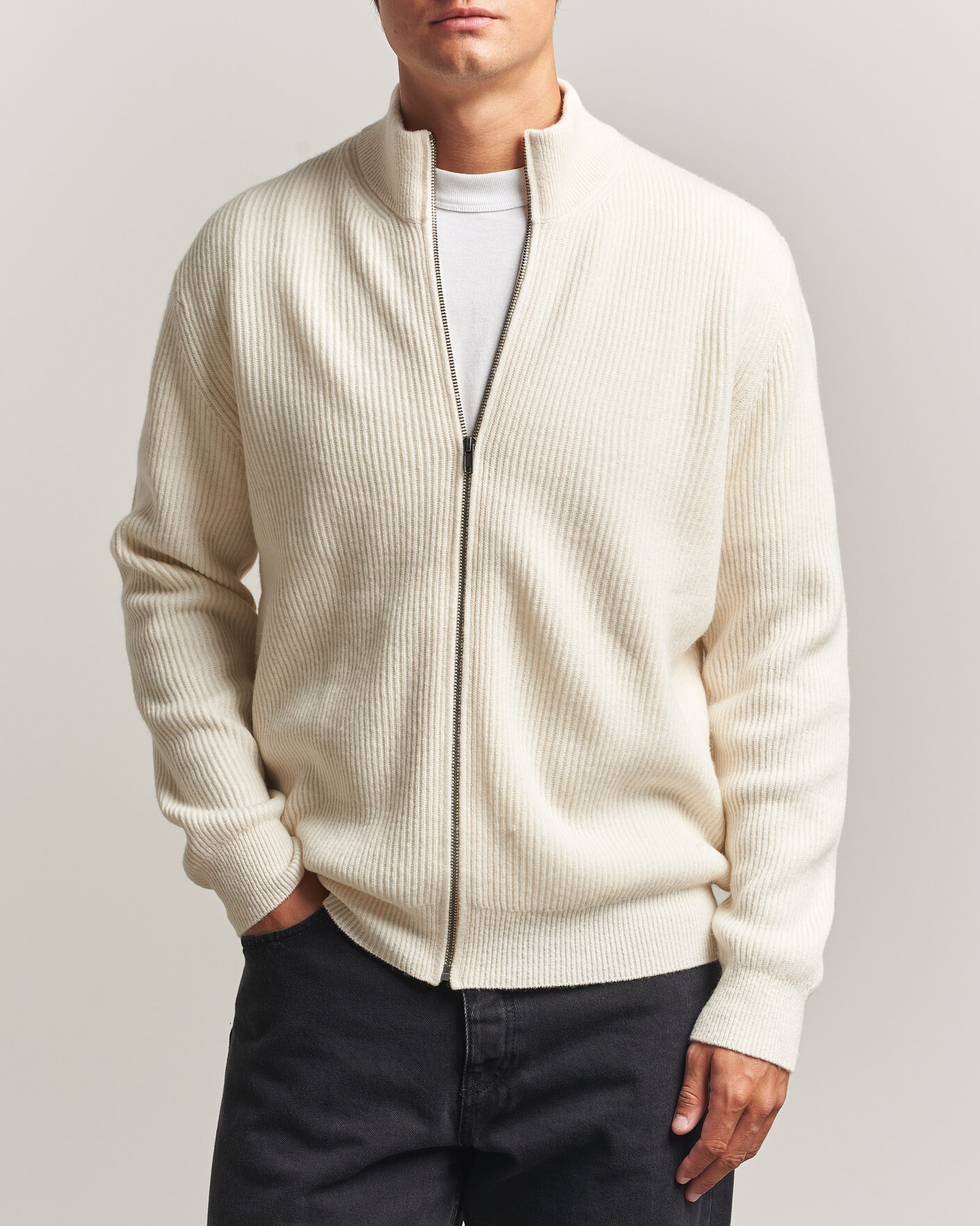 Mies | Puserot | LES DEUX | Wool Rib Zipper Knit Ivory Melange