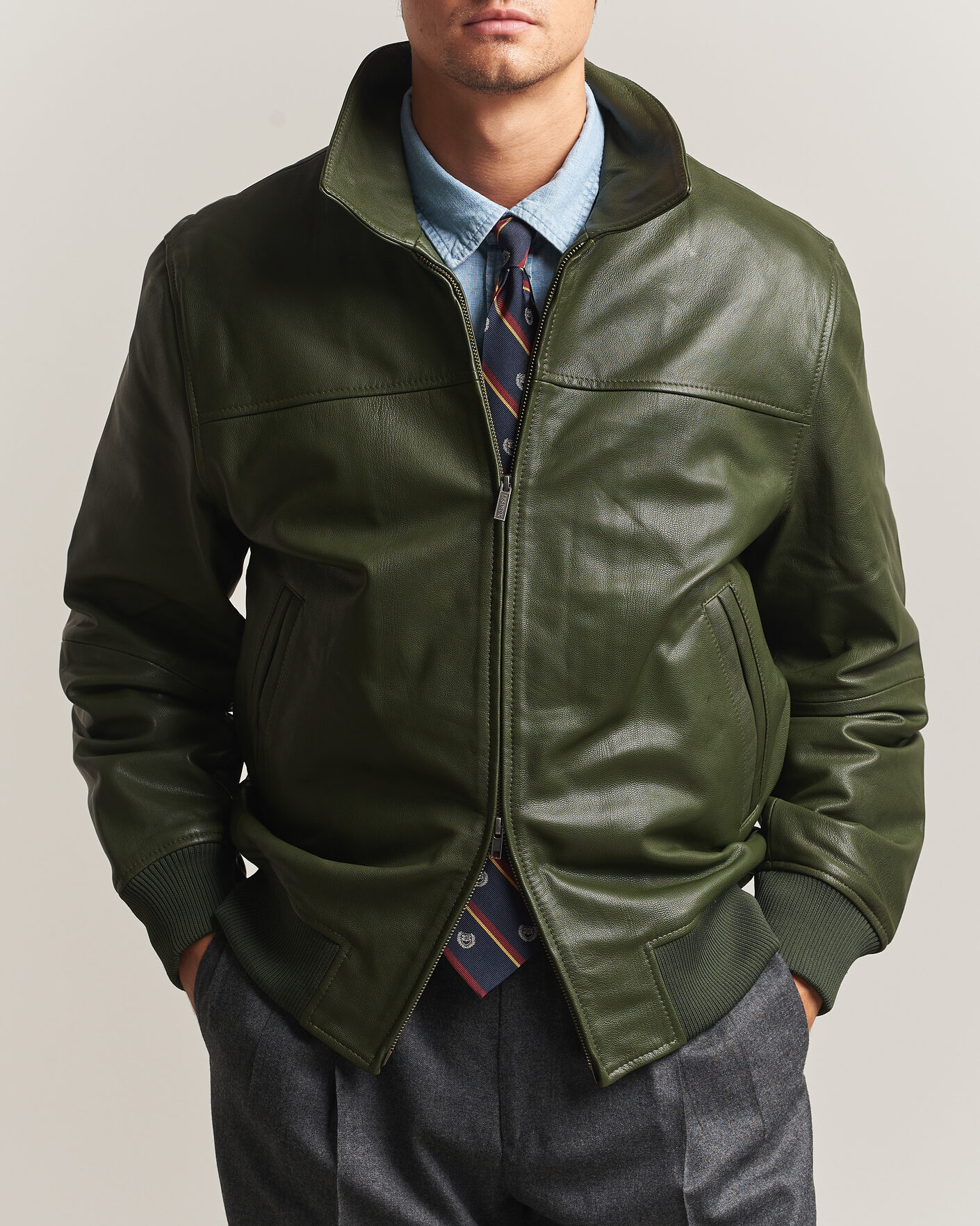 Mies | Takit | LES DEUX | Leather Varsity Jacket Rifle Green