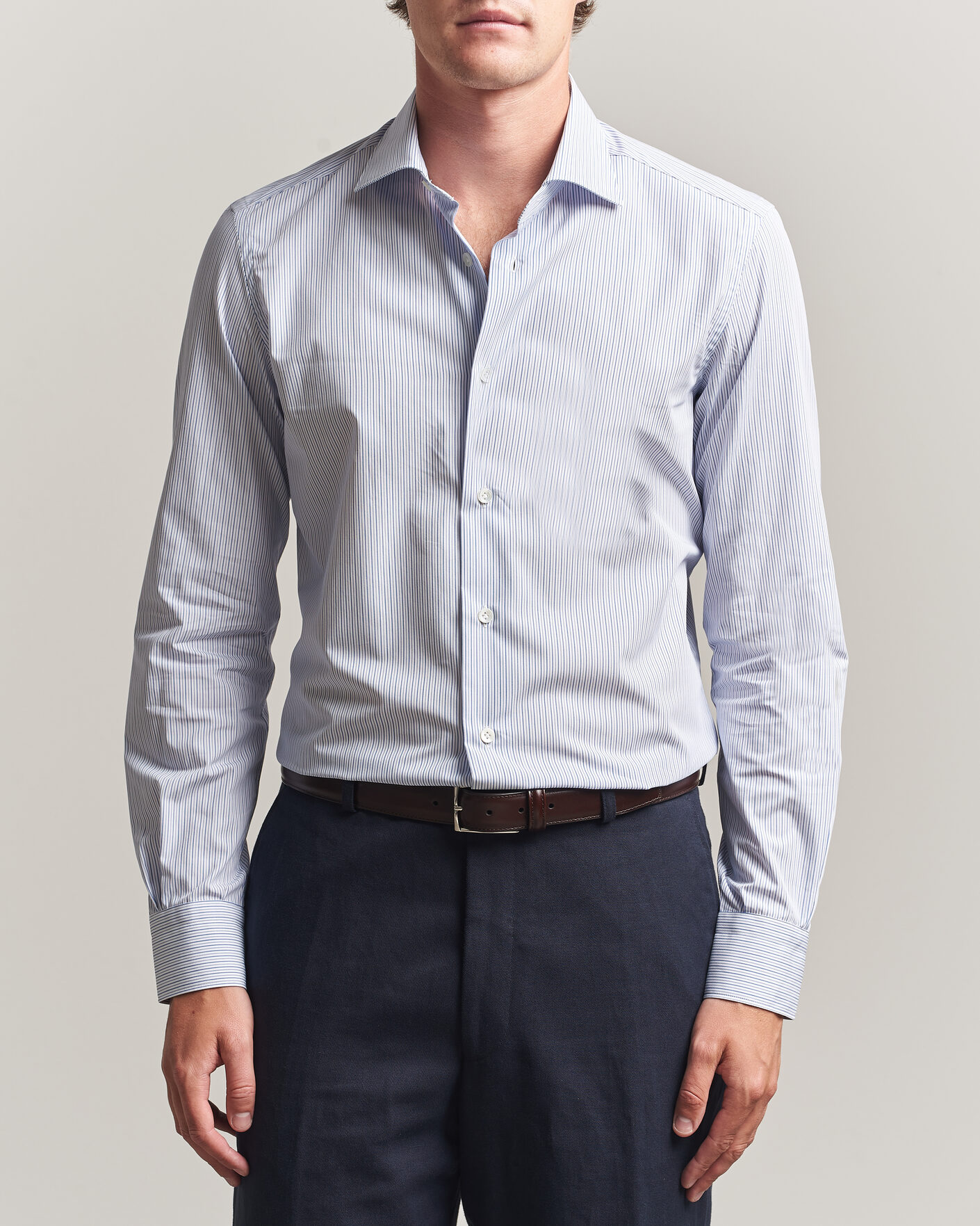 Mies | Kauluspaidat | Mazzarelli | Soft Cotton Popeline Shirt Blue Stripe