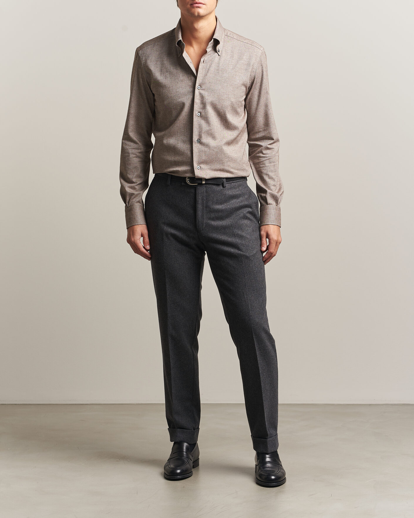 Mies | Kauluspaidat | Mazzarelli | Soft Flannel Button Down Shirt Taupe