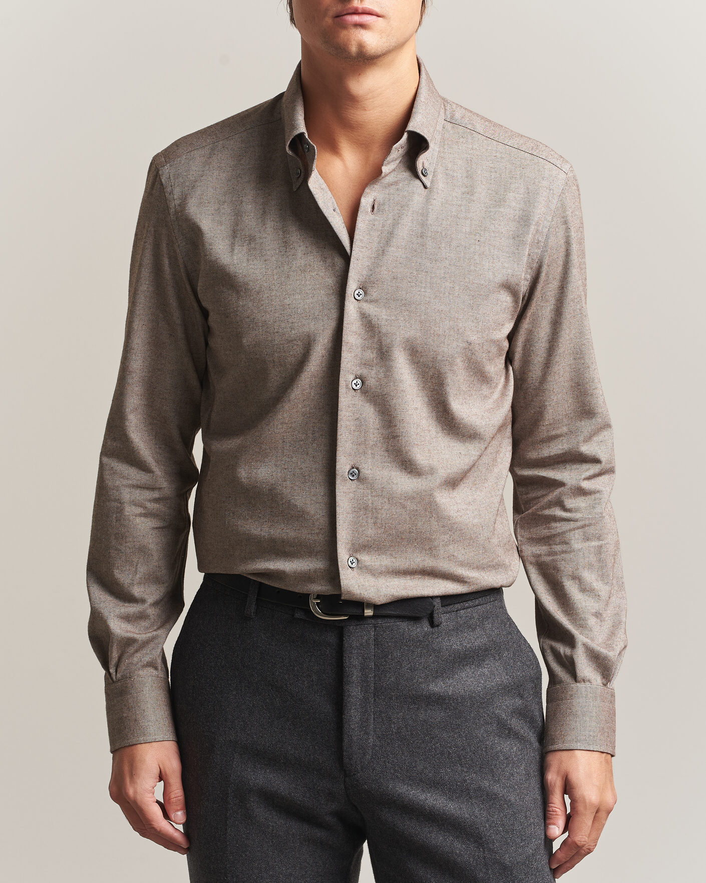 Mies | Kauluspaidat | Mazzarelli | Soft Flannel Button Down Shirt Taupe