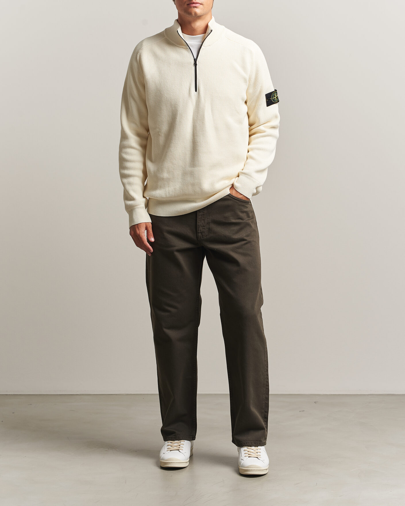 Mies | Puserot | Stone Island | Ribbed Soft Organic Cotton Half-Zip Ivory