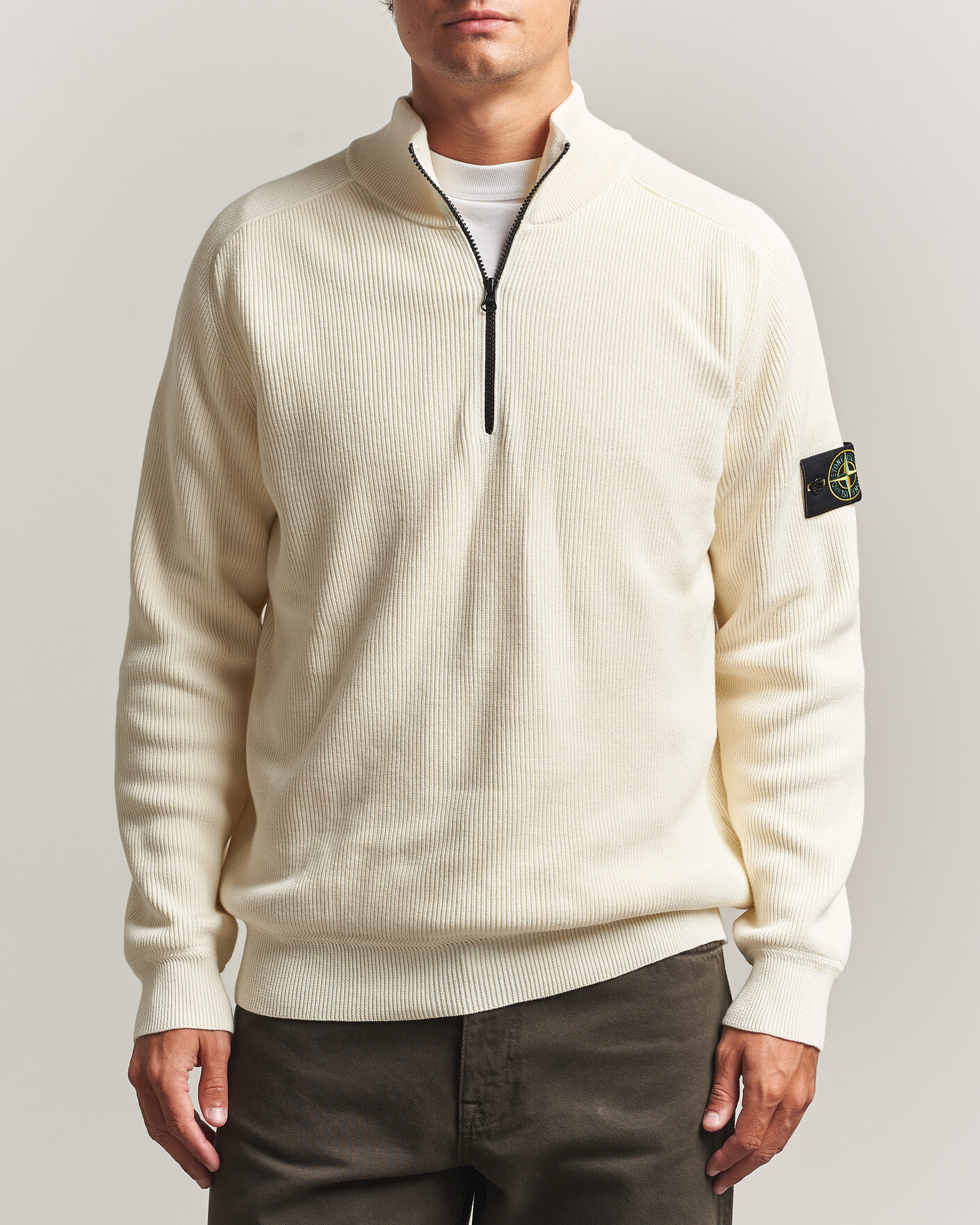 Mies | Puserot | Stone Island | Ribbed Soft Organic Cotton Half-Zip Ivory