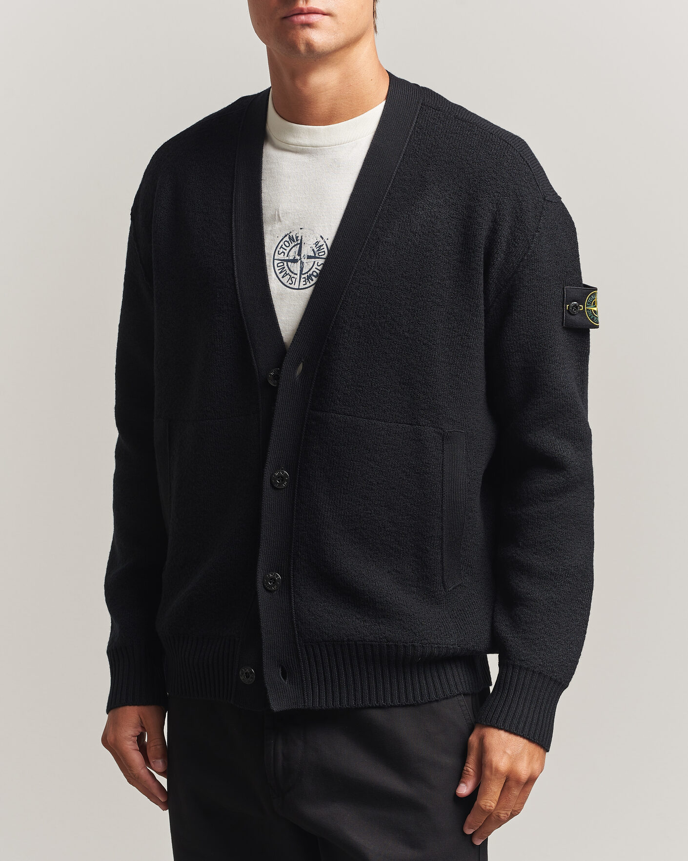 Mies | Puserot | Stone Island | Textured Stitch Wool Cardigan Black
