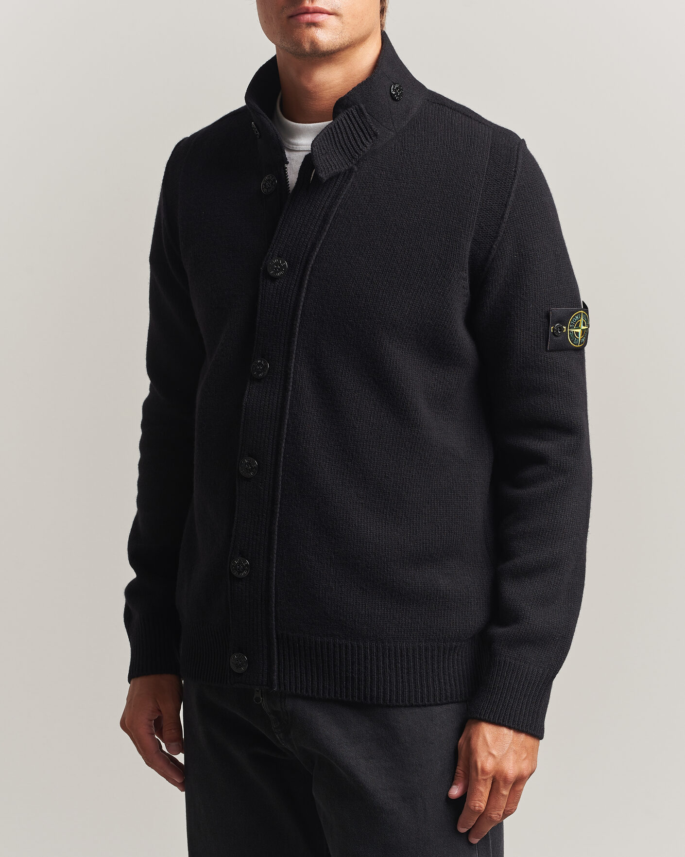 Mies | Puserot | Stone Island | Knitted Lambswool Zip Button Cardigan Black