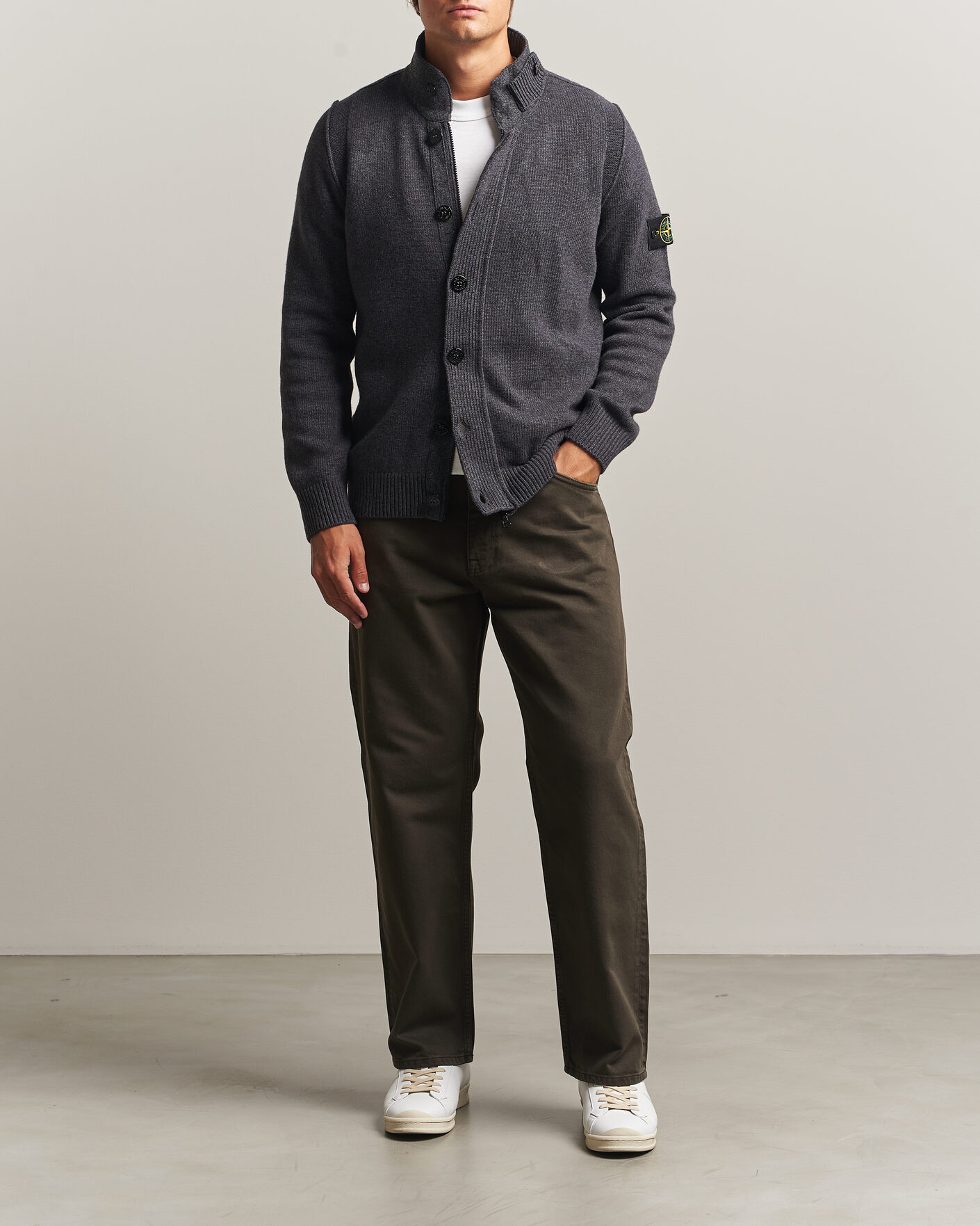 Mies | Puserot | Stone Island | Knitted Lambswool Zip Button Cardigan Melange Lead