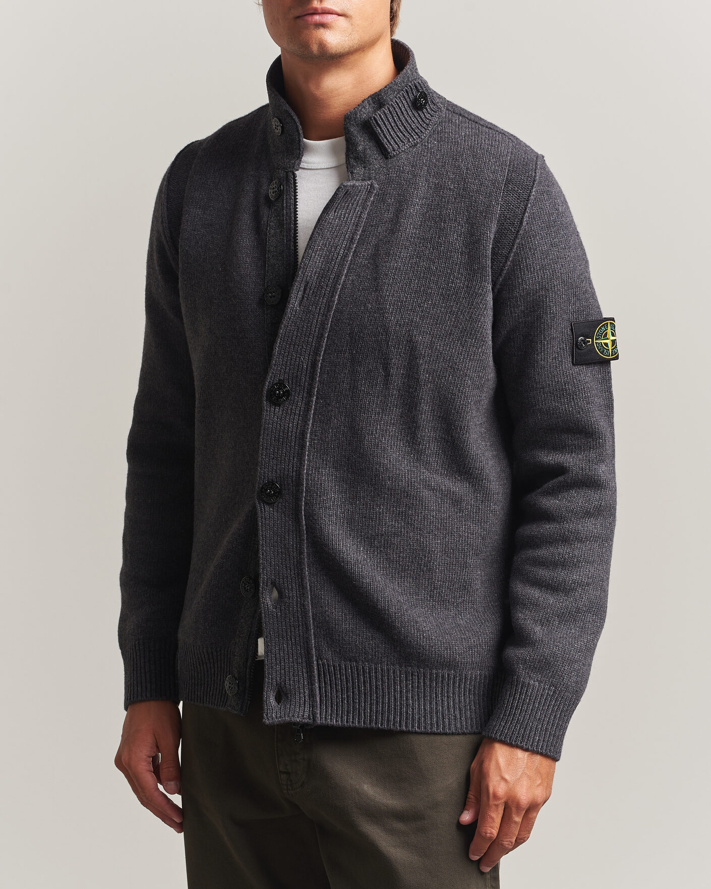 Mies | Puserot | Stone Island | Knitted Lambswool Zip Button Cardigan Melange Lead