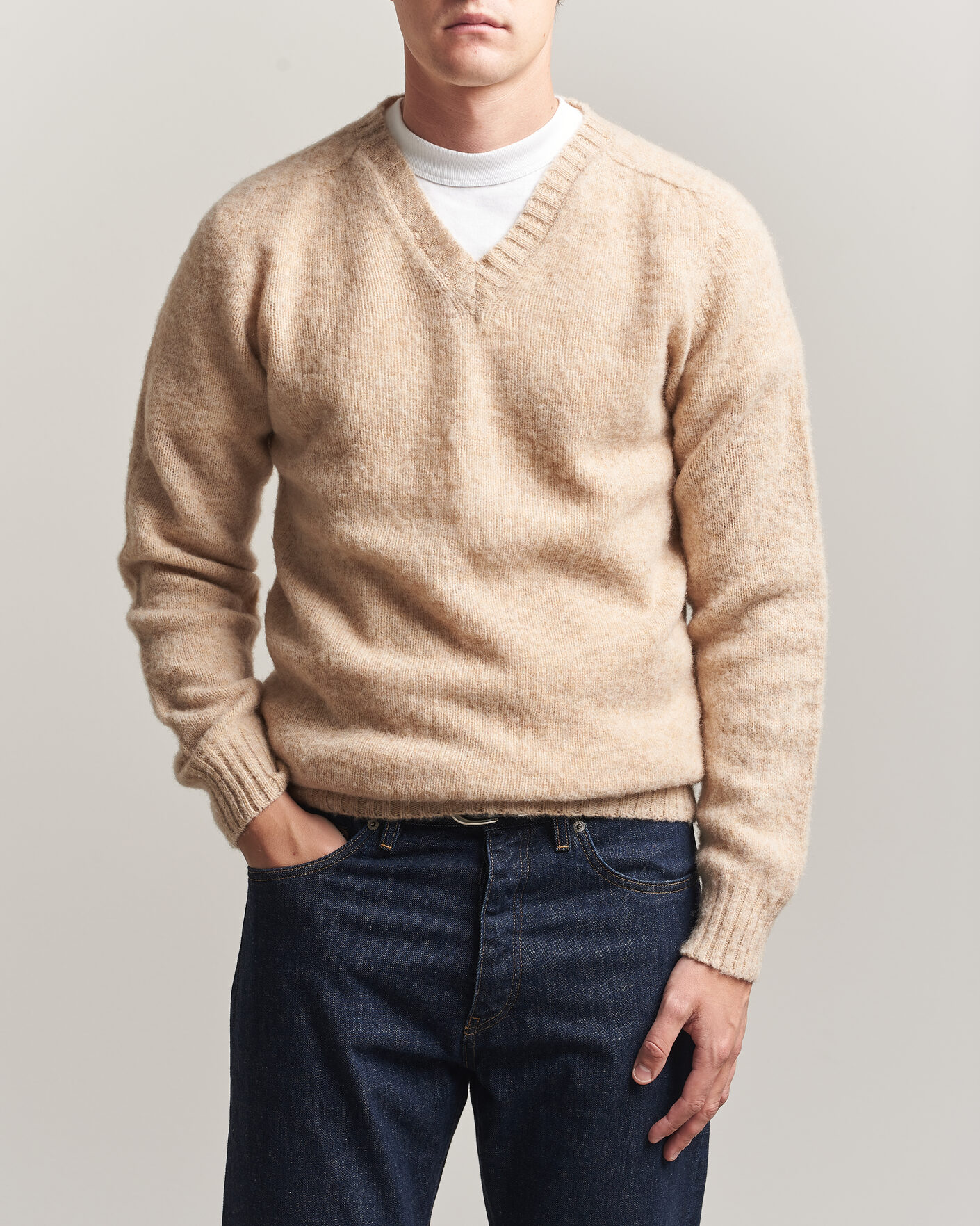 Mies | Puserot | Harley Of Scotland for Care of Carl | Brushed Supersoft Lambswool V-Neck Beige