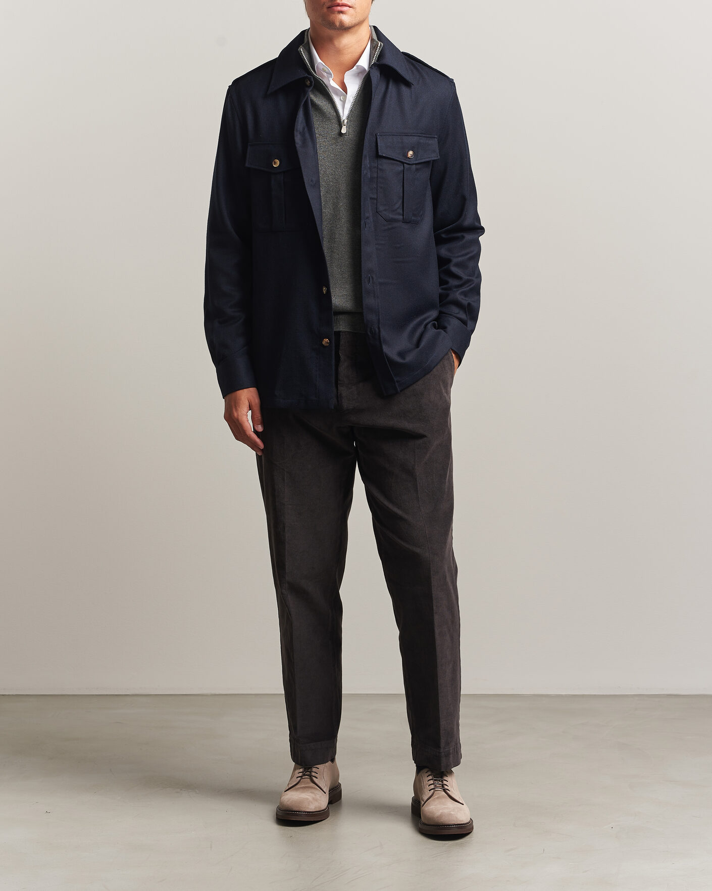 Mies | Kauluspaidat | Brunello Cucinelli | Flannel Double Pocket Overshirt Navy