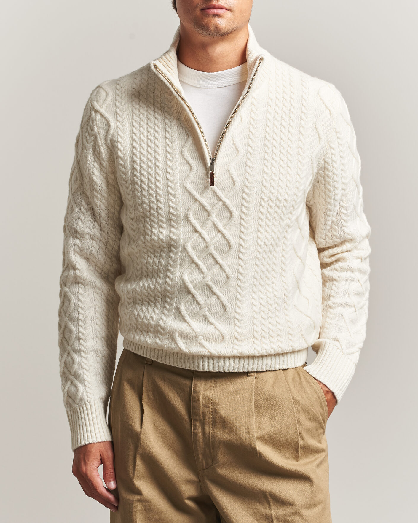 Mies | Puserot | Gant | Wool Cable Knitted Half Zip Cream