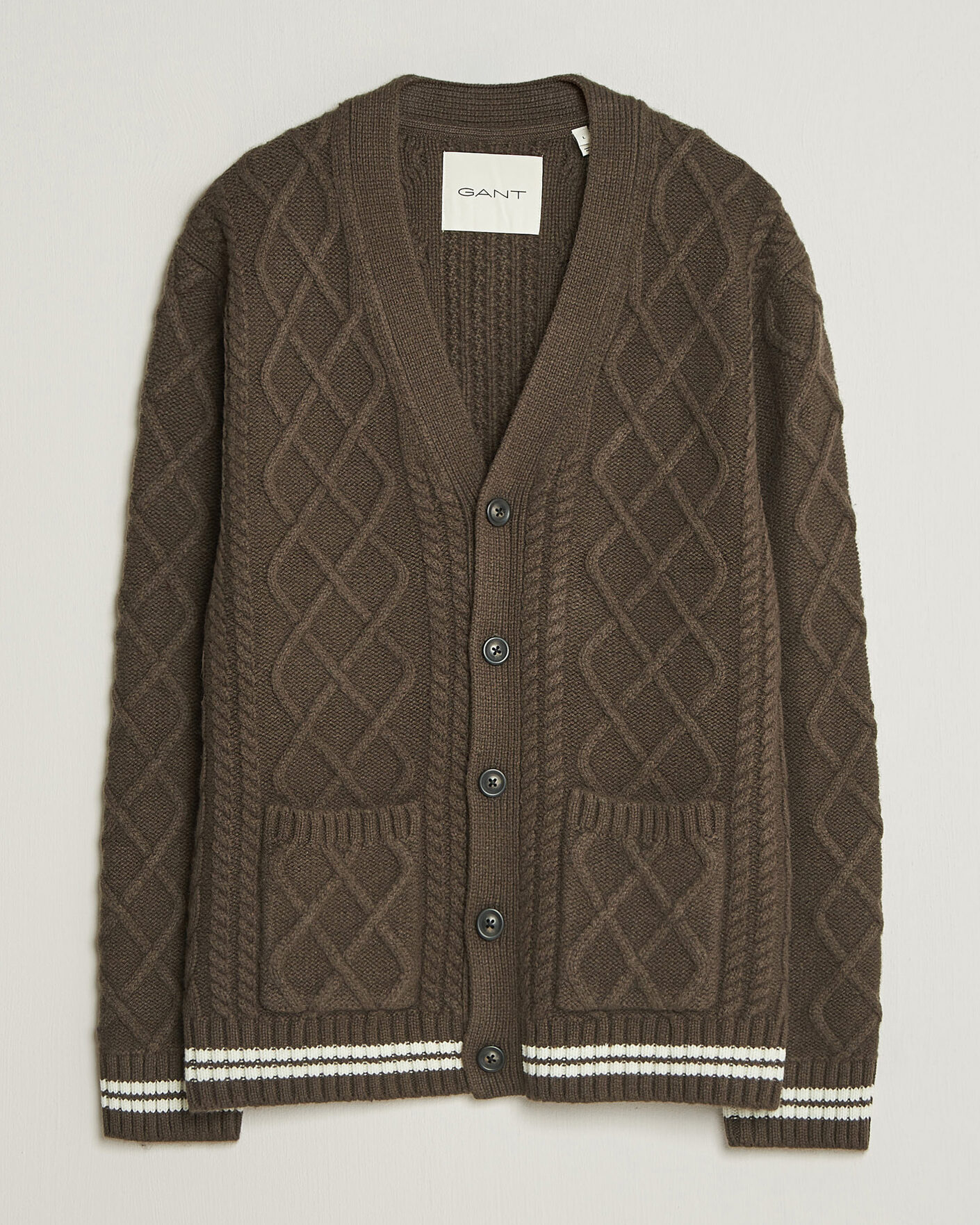 Mies | Puserot | Gant | Wool Cable Knitted Cardigan Shadow Brown
