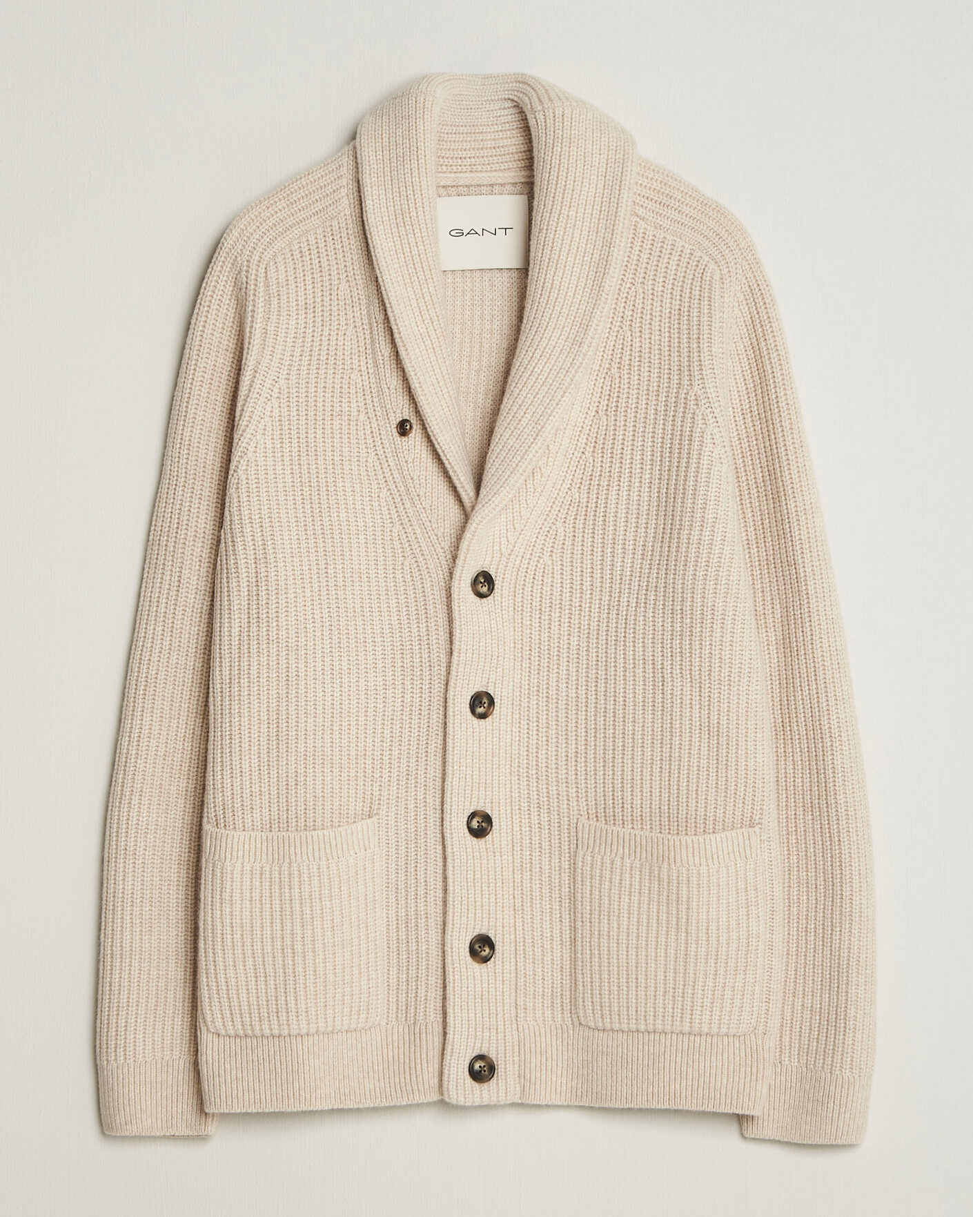 Mies | Puserot | Gant | Wool/Cotton Ribbed Shawl Collar Cardigan Light Beige