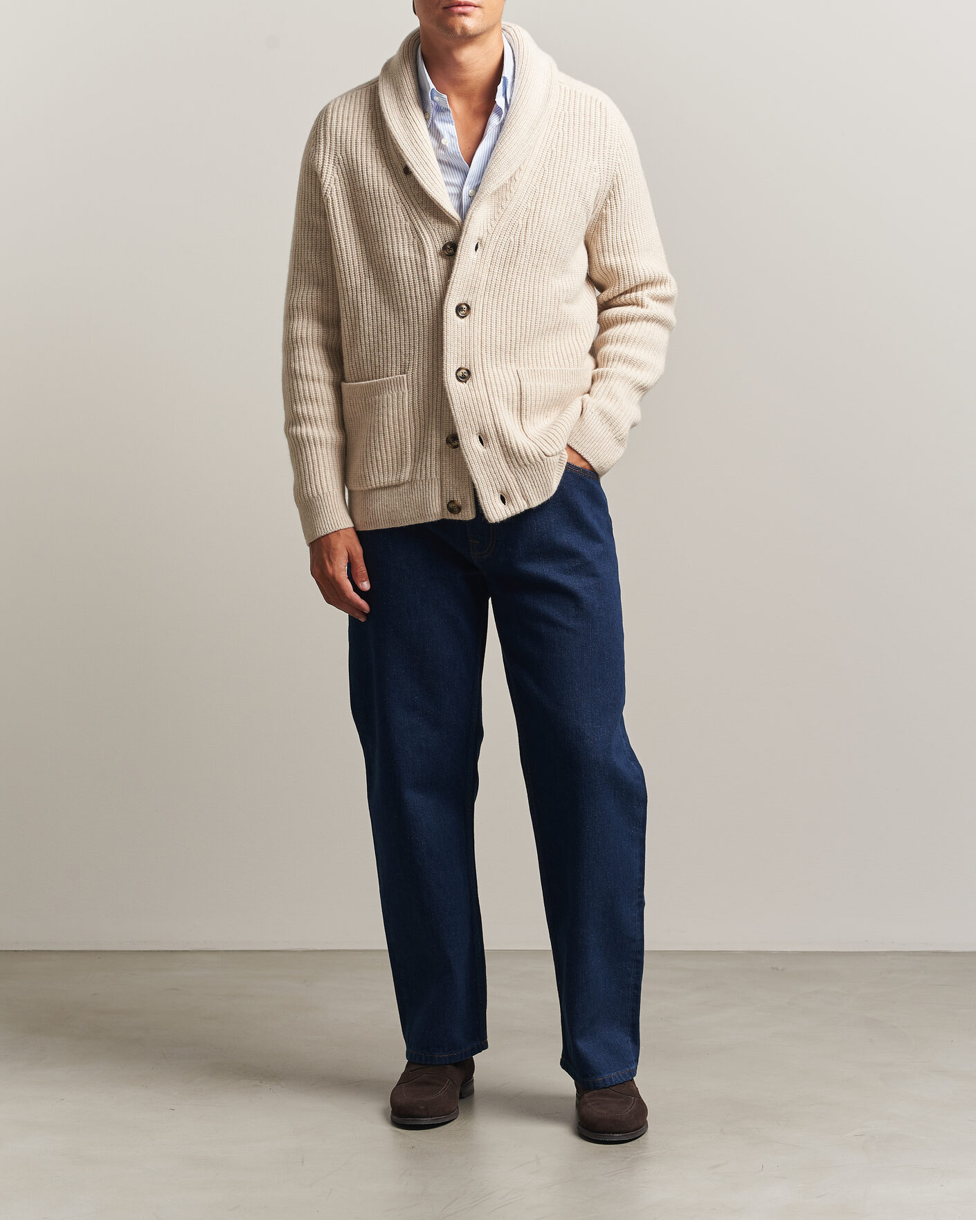 Mies | Puserot | Gant | Wool/Cotton Ribbed Shawl Collar Cardigan Light Beige