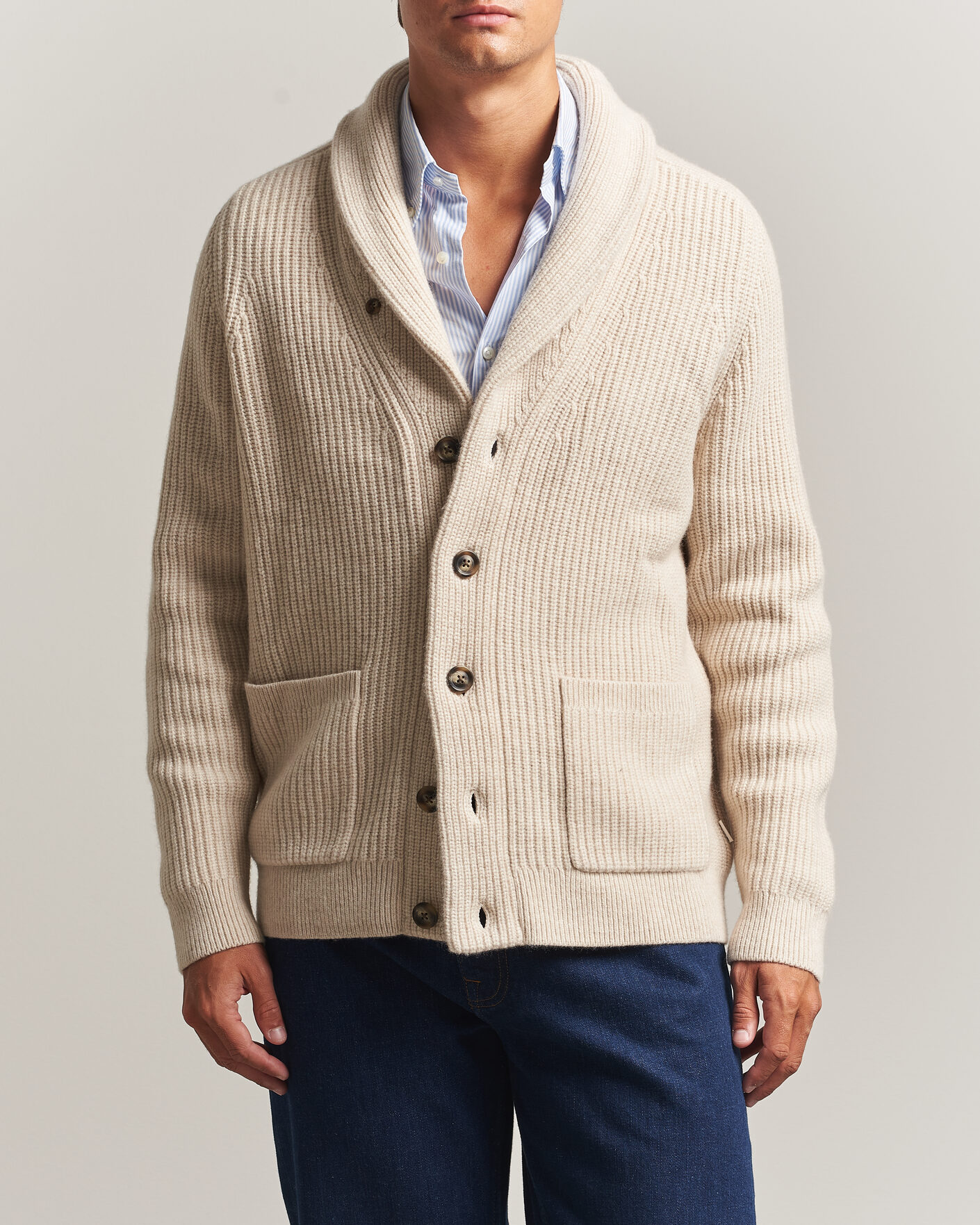 Mies | Puserot | Gant | Wool/Cotton Ribbed Shawl Collar Cardigan Light Beige