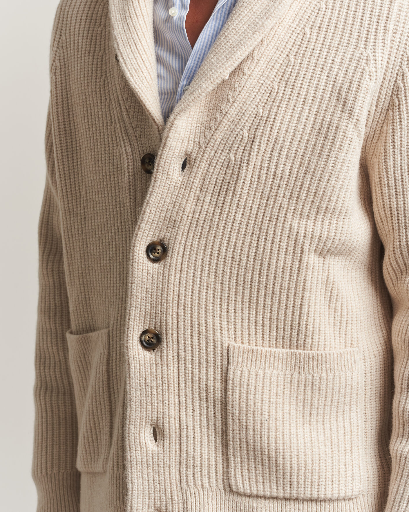 Mies | Puserot | Gant | Wool/Cotton Ribbed Shawl Collar Cardigan Light Beige