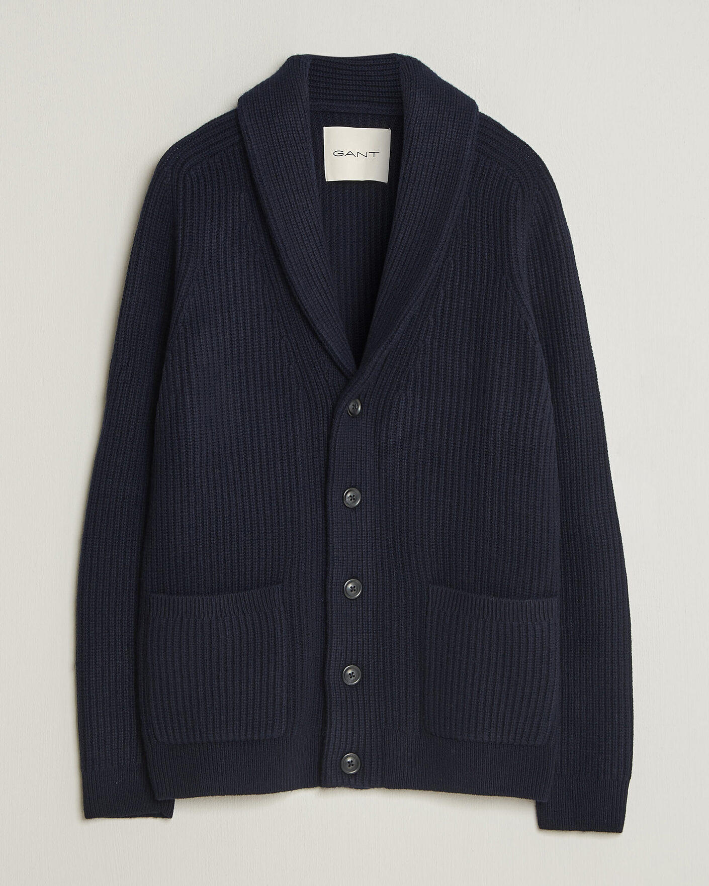 Mies | Puserot | Gant | Wool/Cotton Ribbed Shawl Collar Cardigan Evening Blue