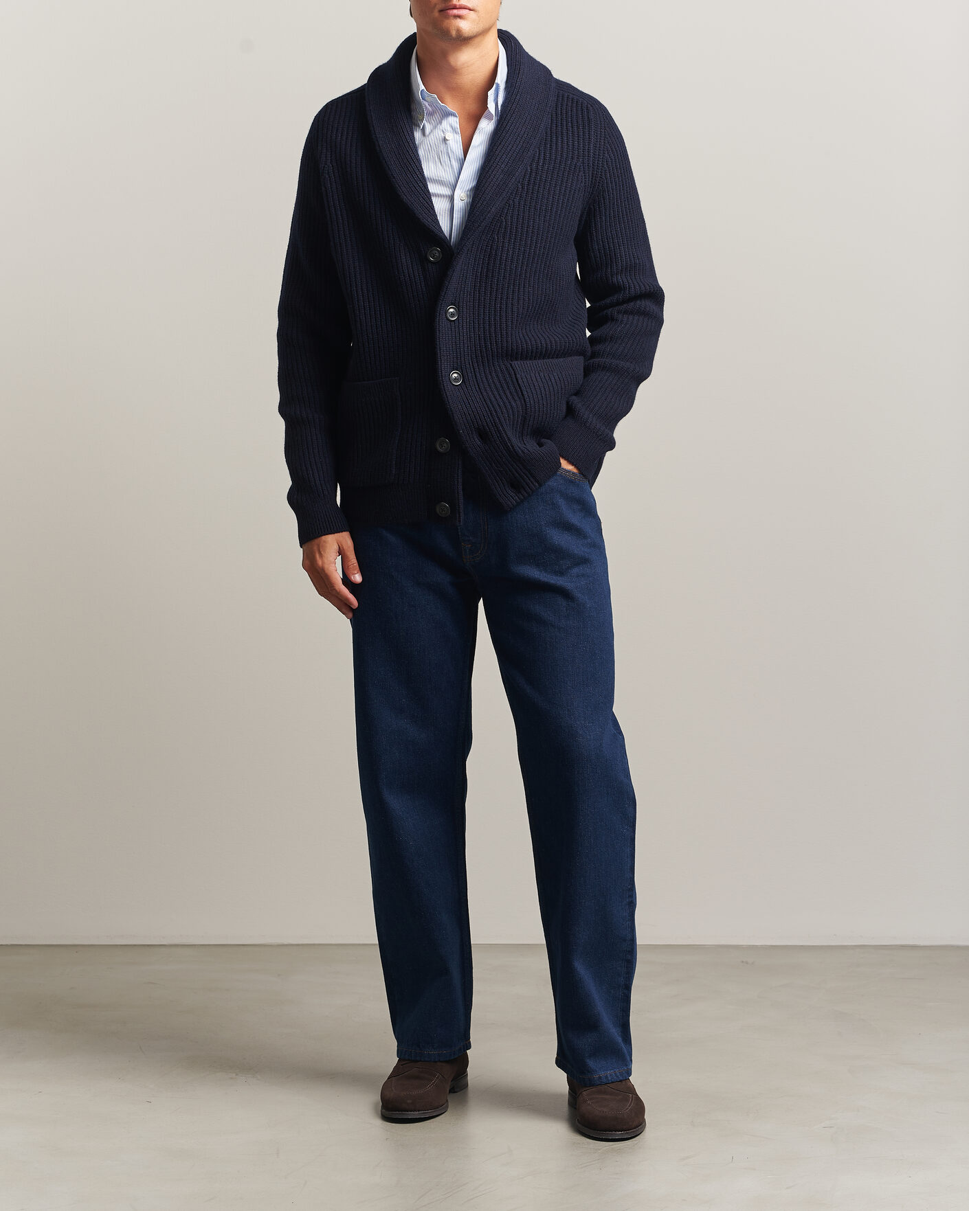 Mies | Puserot | Gant | Wool/Cotton Ribbed Shawl Collar Cardigan Evening Blue