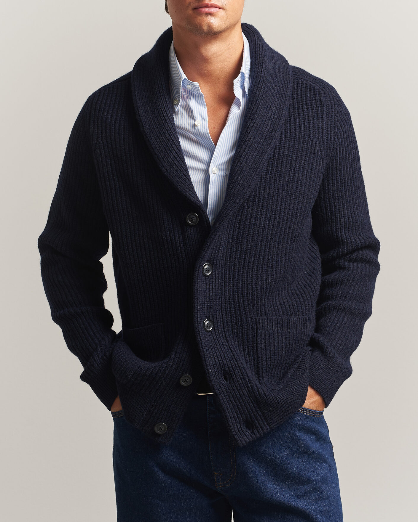 Mies | Puserot | Gant | Wool/Cotton Ribbed Shawl Collar Cardigan Evening Blue